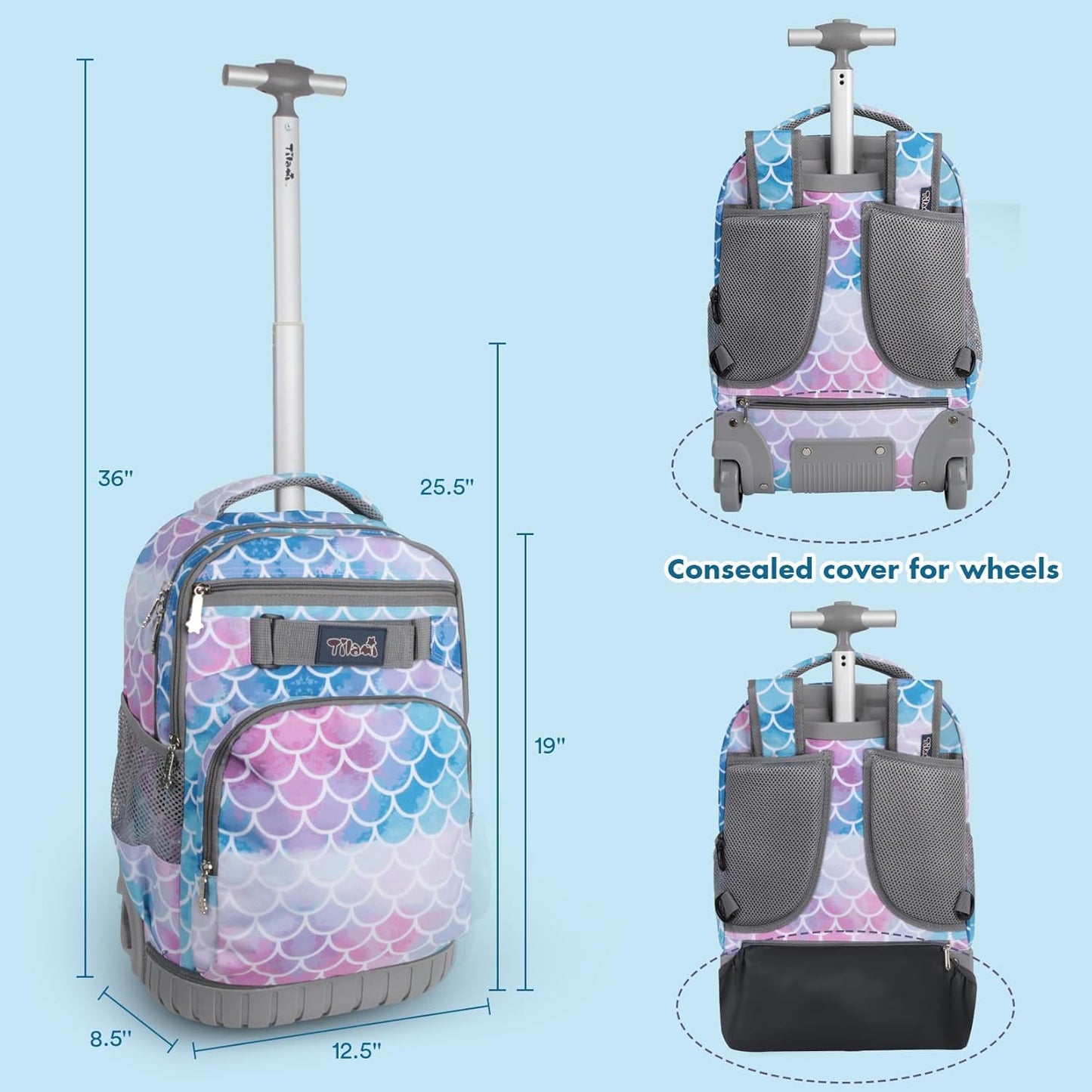 Rolling Backpack 19 inch Wheeled LAPTOP Boys Girls Travel School Student Trip… (Mermaid Tail)