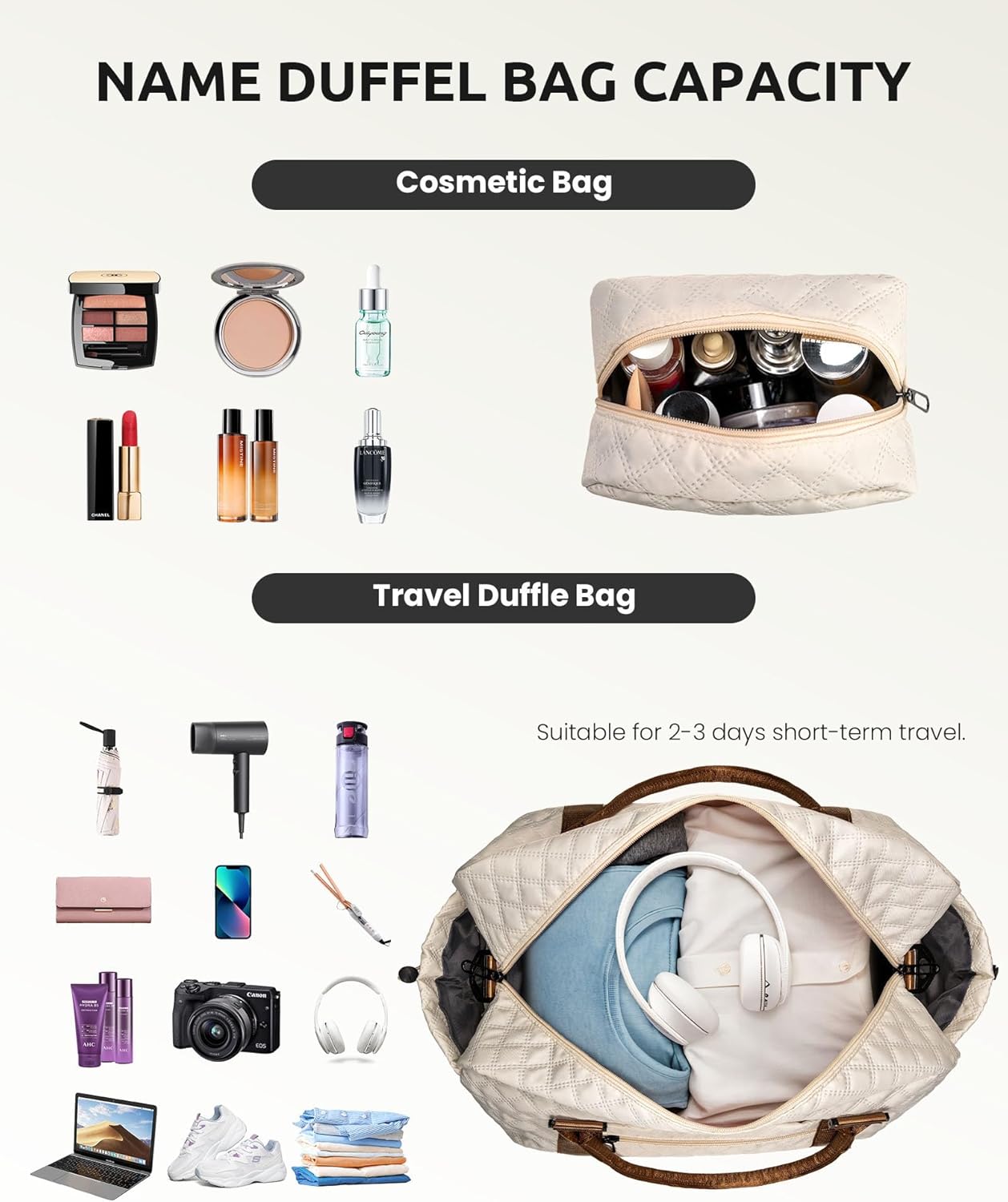 Initial Duffle Bag with Shoe Compartment, Personalized Weekender Bag, Monogram Overnight Bag for Women with Trolley Sleeve & Wet Pocket, Letter Travel Bag with Makeup Bag (Letter K), Beige