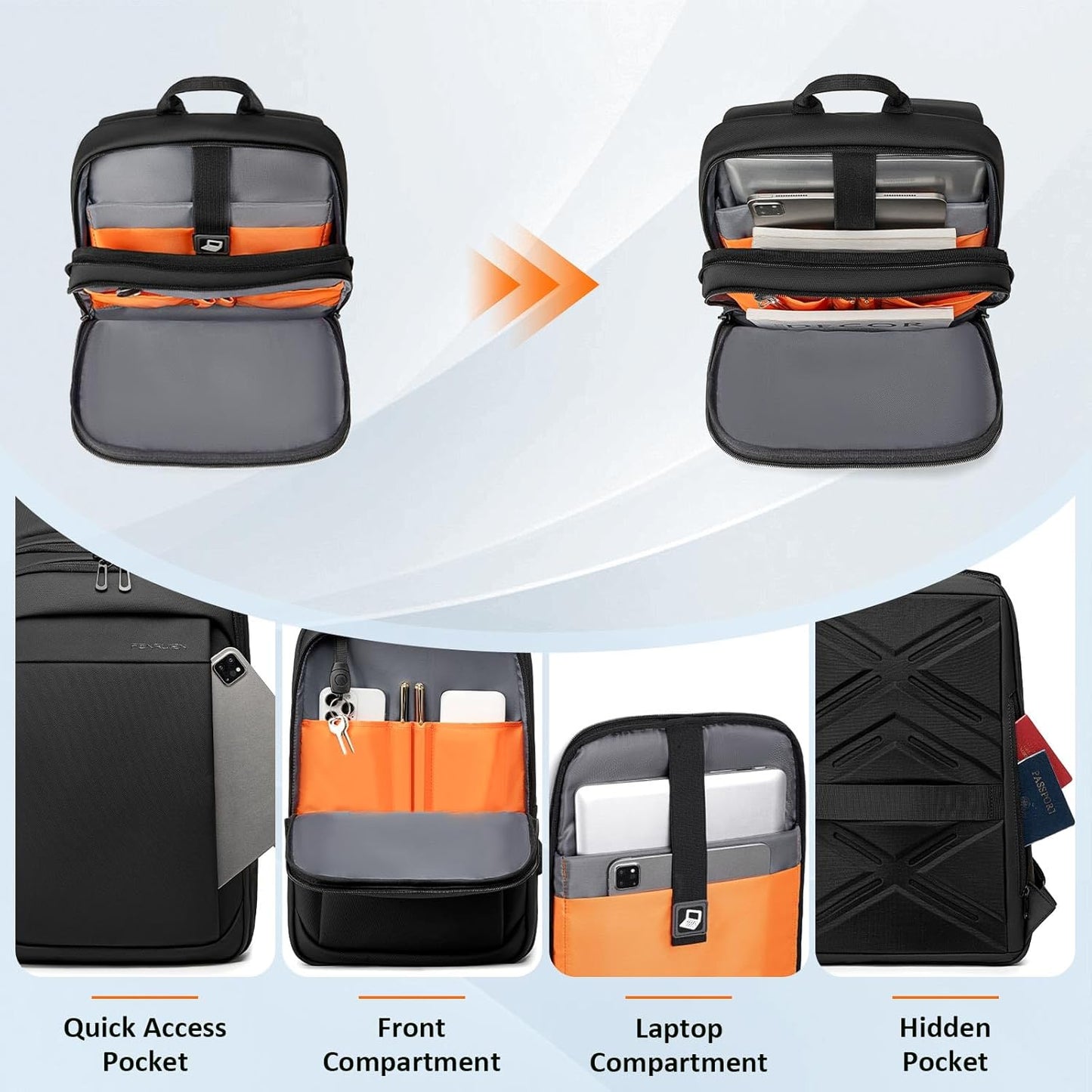 FENRUIEN Slim Laptop Backpack for Men, Water Resistant Light Weight Backpack with USB Charging Port, Black Laptop Bag 15.6 Inch