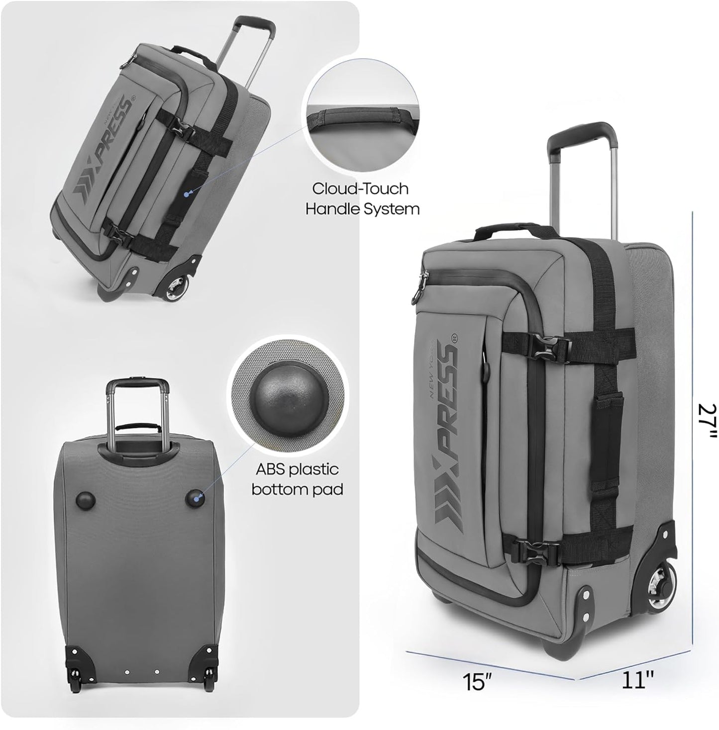 26'' Rolling Duffle Bag with Wheels,Rolling Duffle Bag w/Handle,Carry on Luggage Travel Duffle Bags for Man Women（26,Grey）