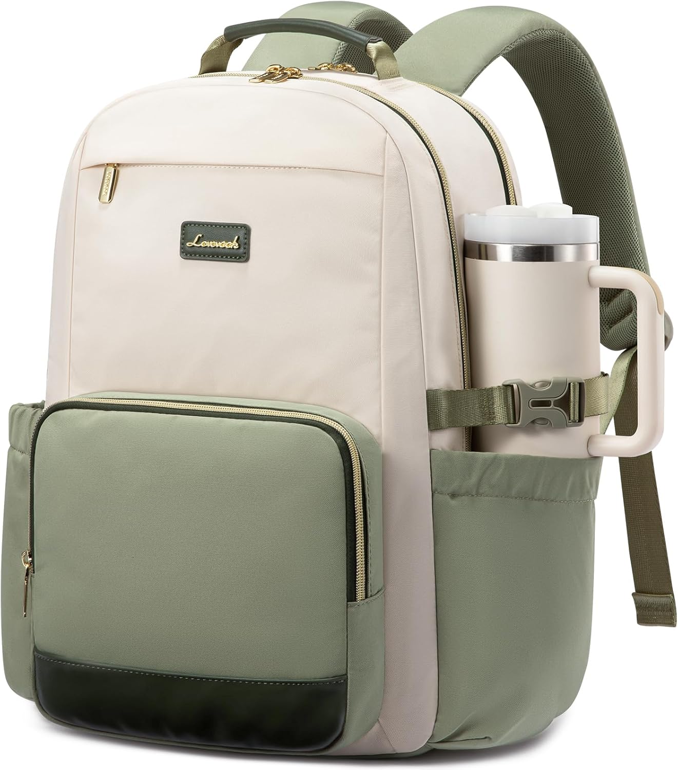 LOVEVOOK Laptop Backpack for Women with Pouch Pocket for Large Capacity Cup,18 Inch Laptop Computer Bag Travel Backpack Purse,Waterproof Work College Teacher Bags,White-Bean Green-Dark Olive Green