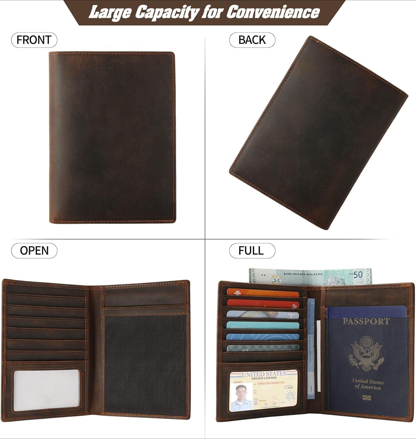 Genuine Leather Passport Holder, RFID Blocking Travel Wallet for Men & Women (Red Brown)