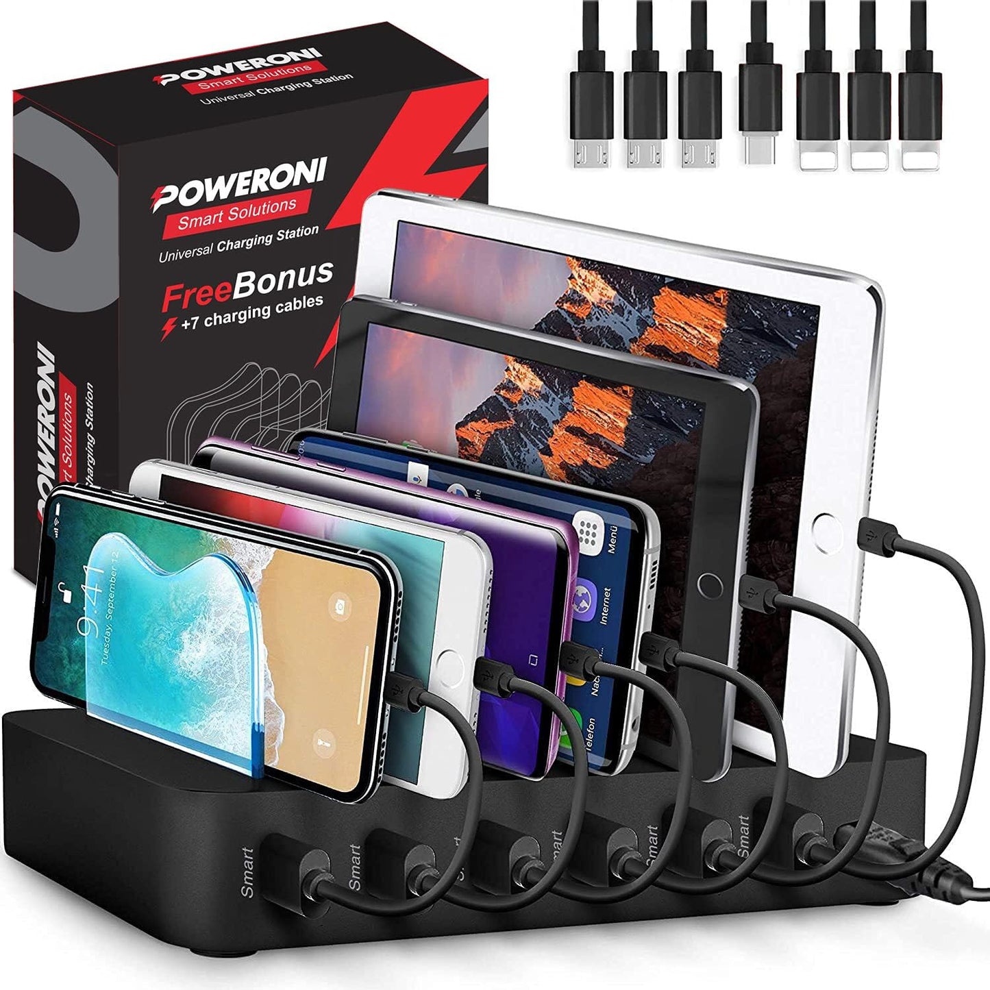 USB Charging Station 6-Ports - Fast Charging Station for Multiple Devices Apple - Multi Device Charger Dock - Compatible with Apple iPad, iPhone, Android, and Tablet