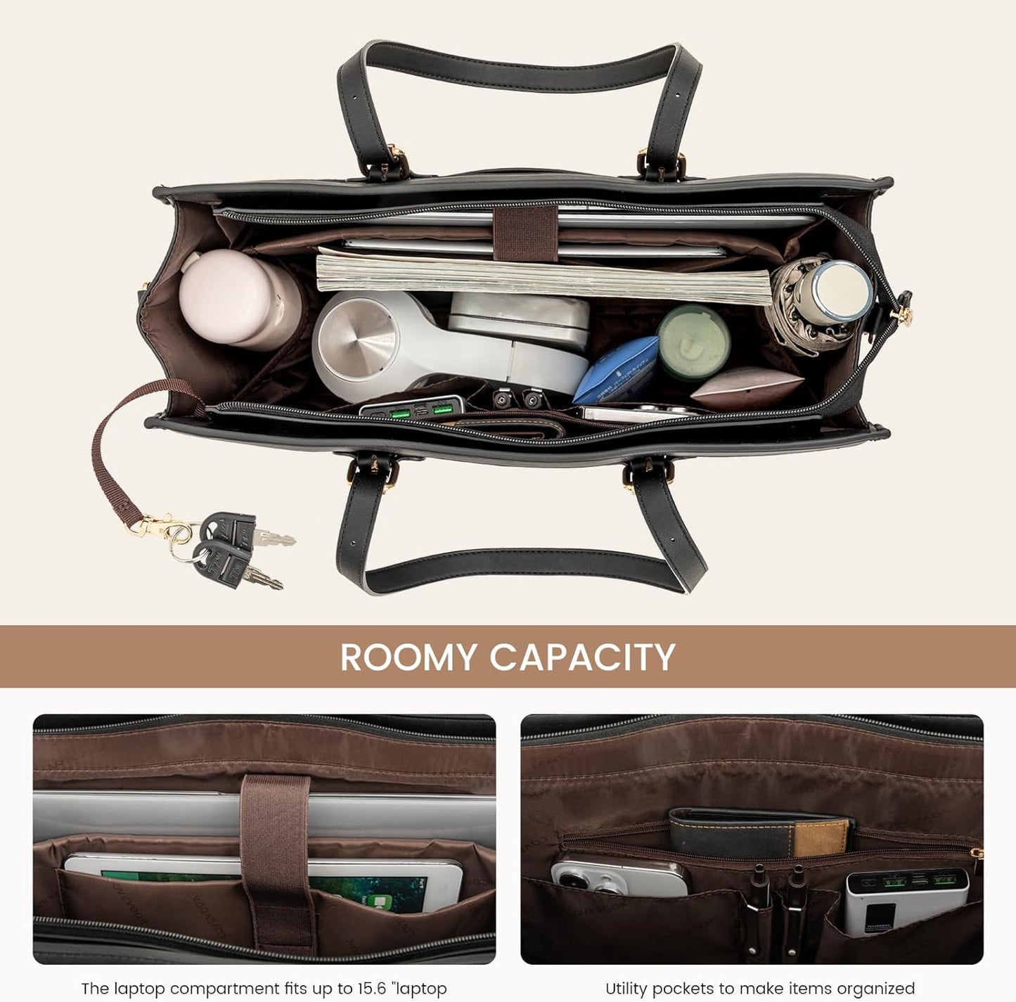 LOVEVOOK Laptop Tote for Women, 17.3 inch Waterproof PU Leather Computer Bag, Large Capacity Work