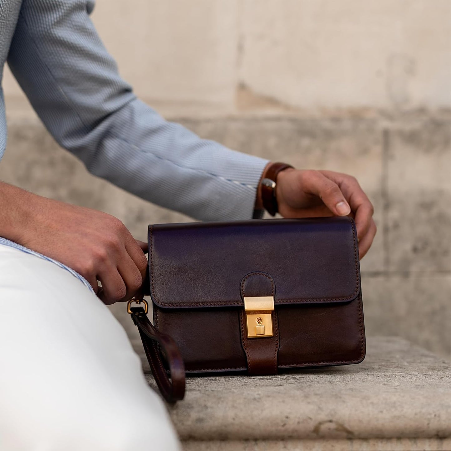 Time Resistance Leather Clutch - Men's Organizer Wrist Bag - Briefcase Handmade in Italy