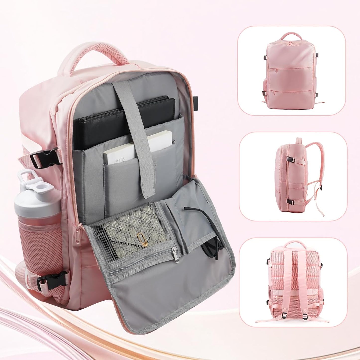 Travel Backpack for Women & Men, Waterproof Carry On Backpack Airline Approved Laptop Backpack Fits 15.6 Inch Laptop, Business Computer Bookbag for Work, College, Travel (Pink, Large)