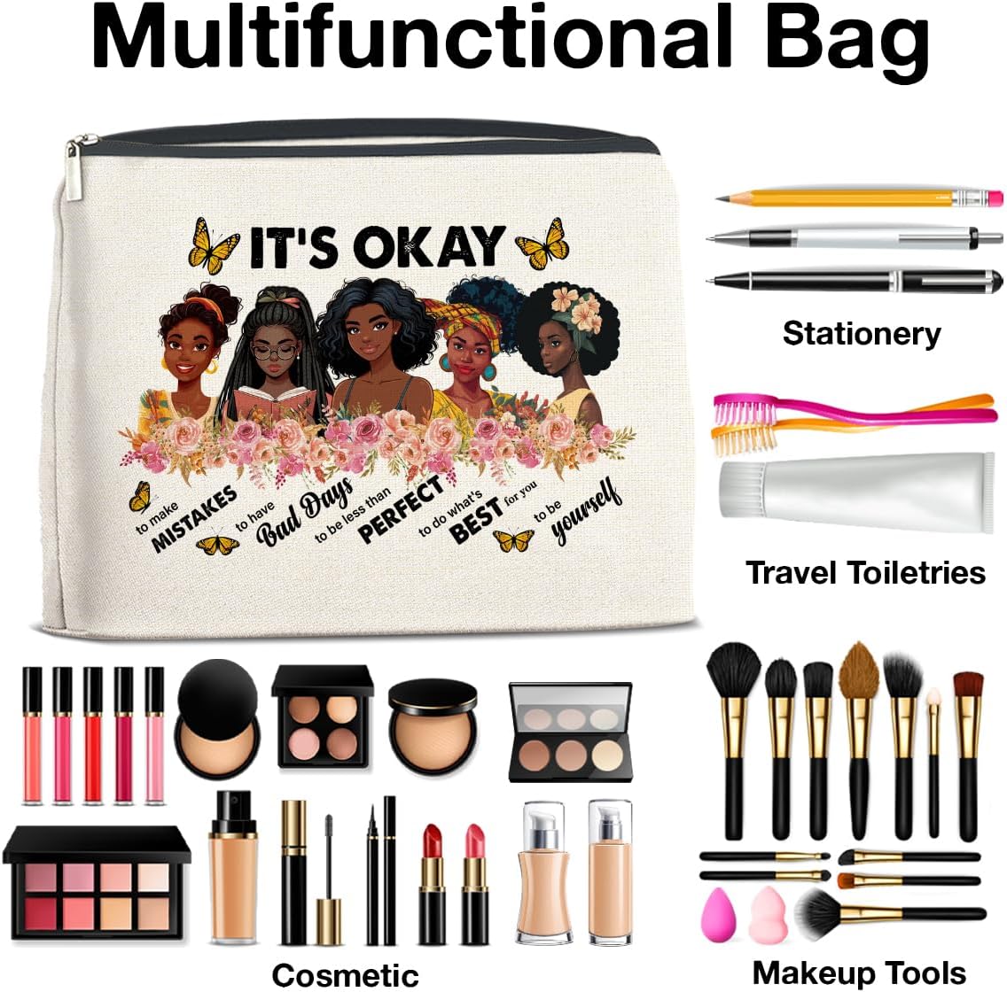 Inspirational Black Women Gifts Makeup Bag, Motivational Gifts for Black Women Girl African American, Zipper Makeup Pouch