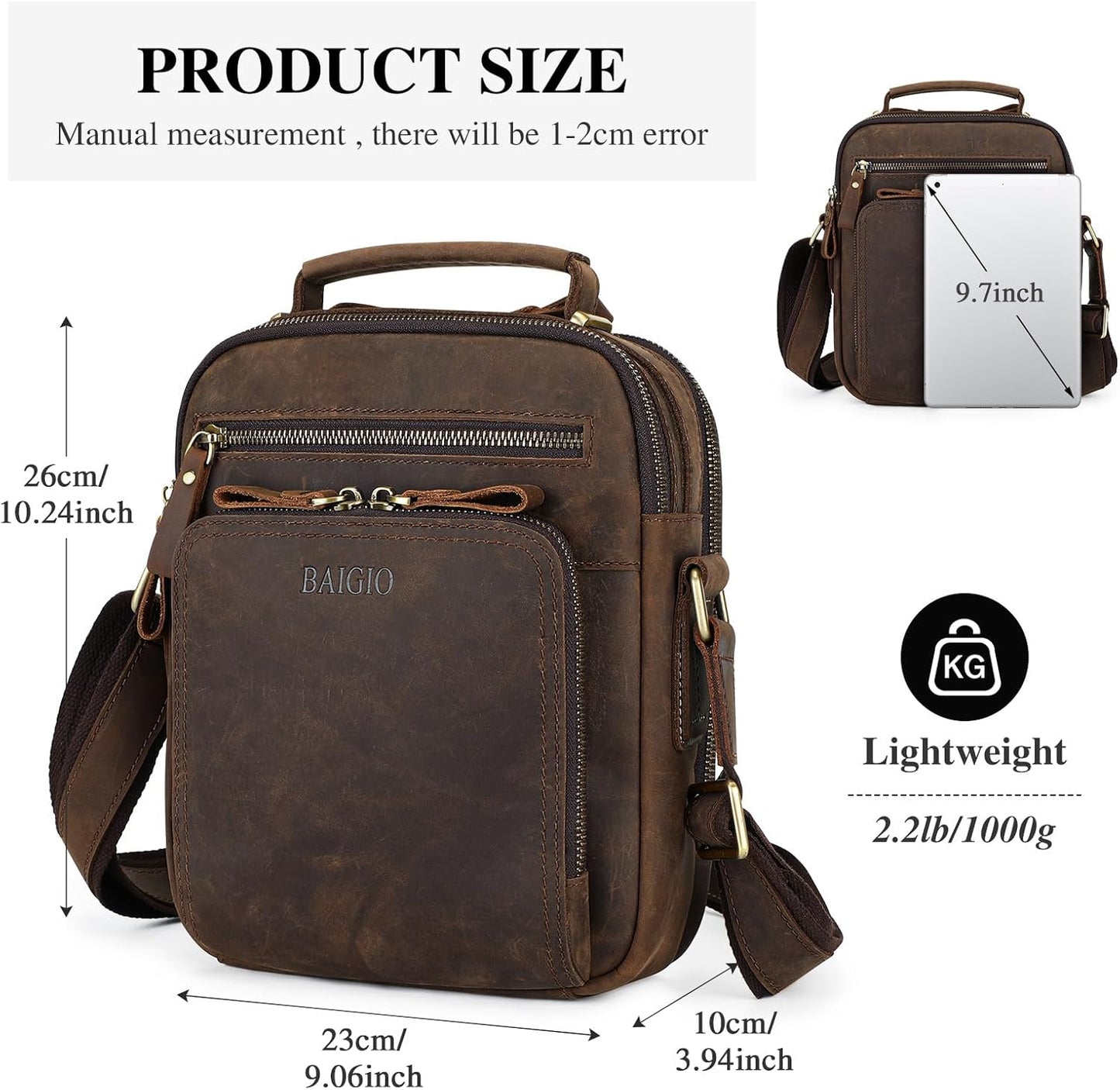 BAIGIO Small Leather Messenger Bag for Men Shoulder Bag Crossbody Vintage Handbag Man Purse for Ipad Travel Bussiness