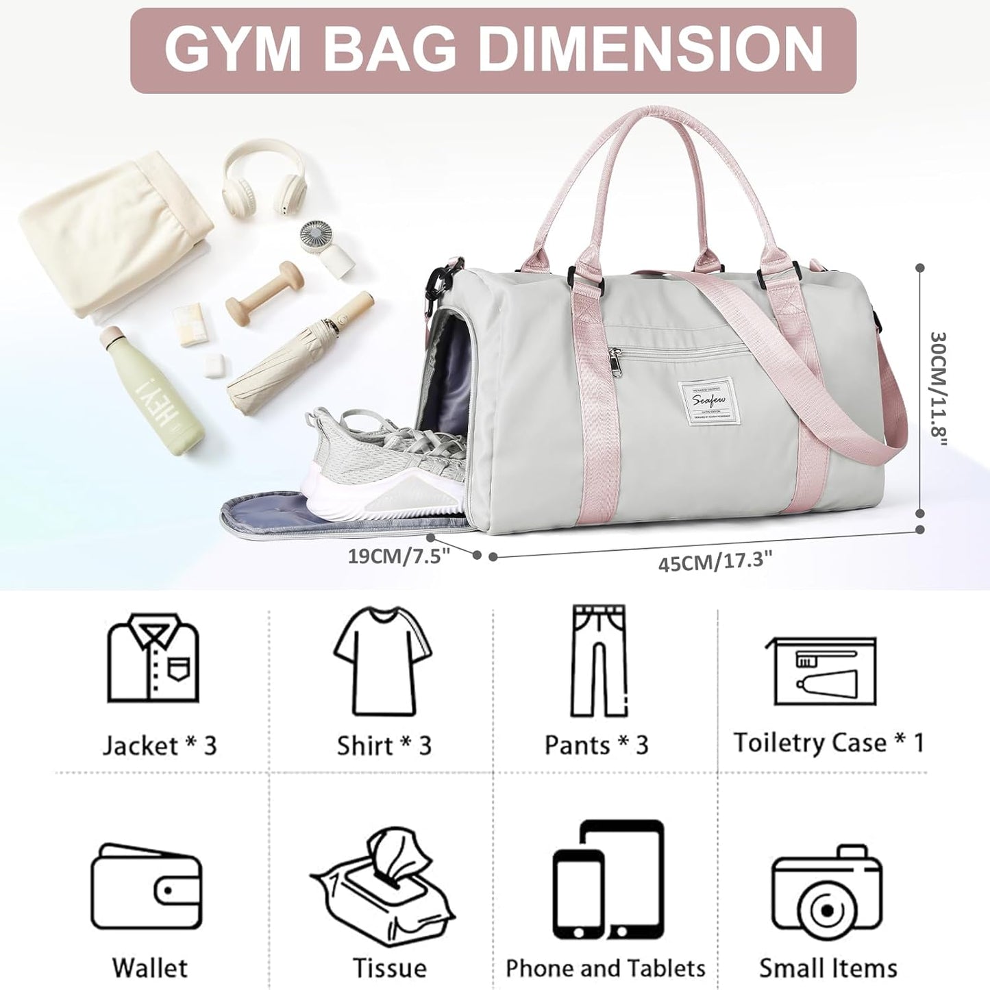 Gym Bag for Women Men with Shoes Compartment,Sports Duffle Bag Personal item travel Duffel Bags Tote Bag Small Carry on Weekender Overnight Bag Workout Dance Bag Hospital Holdalls Grey Pink