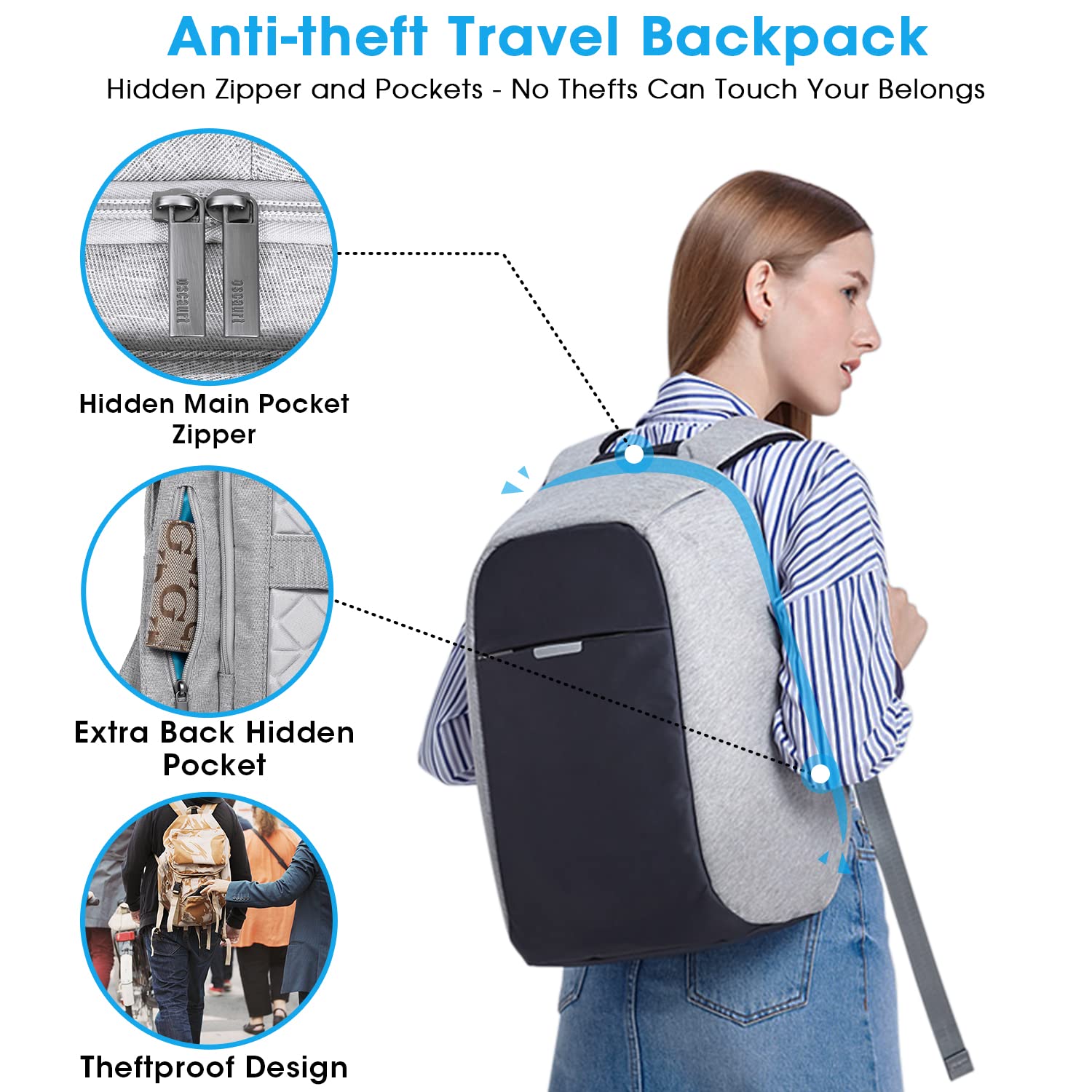 oscaurt Anti Theft Backpack 15.6 Inch Laptop Travel Backpack with Hidden Zipper and USB Charging