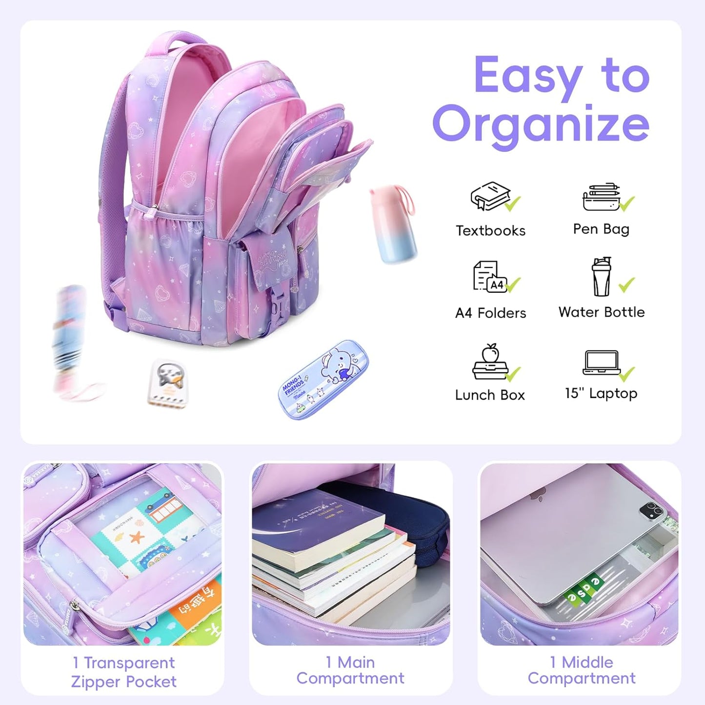 Tanou Backpack with Lunch Box for Girls, Kawaii Set School Bag for Kid Elementary Middle School, Aesthetic Laptop Bookbag Lightweight, Purple