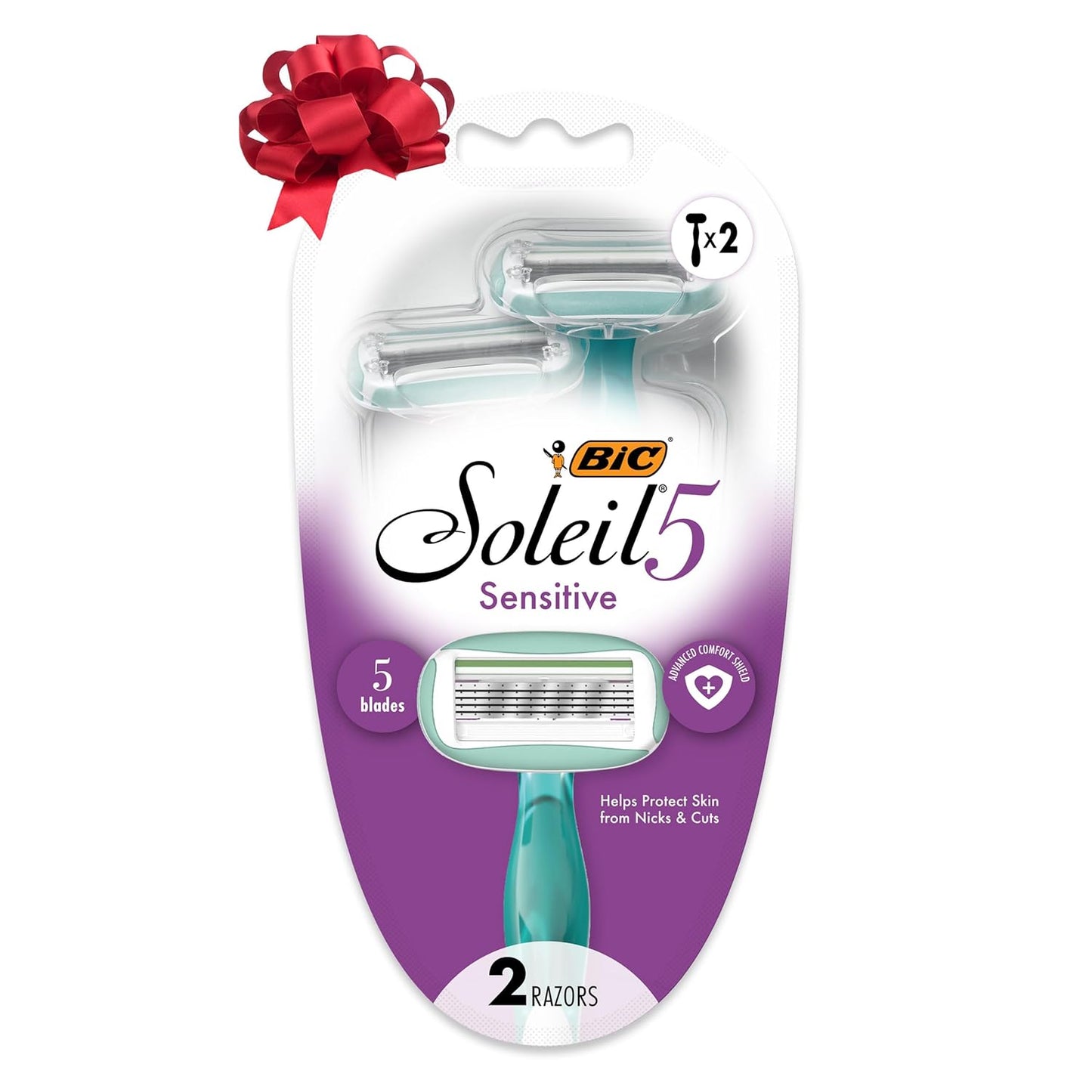BIC Soleil 5 Sensitive Women's Disposable with 5 Blade Razors, 360-Degree Moisture Strips, Anti-Slip Grip, 2-Pack