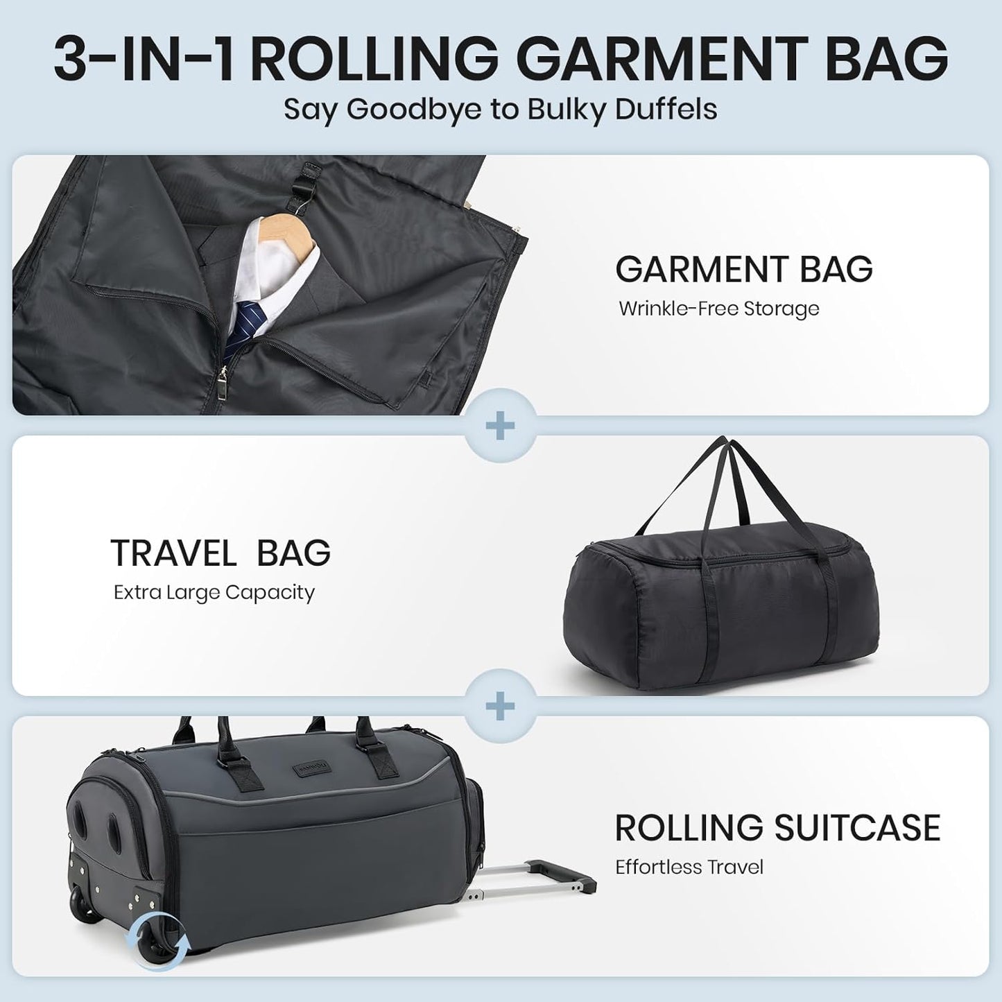 Fanwoli 3-in-1 Rolling Garment Bag for Travel, Wheeled Carry-On Luggage with Shoe Storage & Detachable Organizer, Convertible Duffel Bag for Men Women Business Trips Weekender, Wrinkle-Free (Grey)