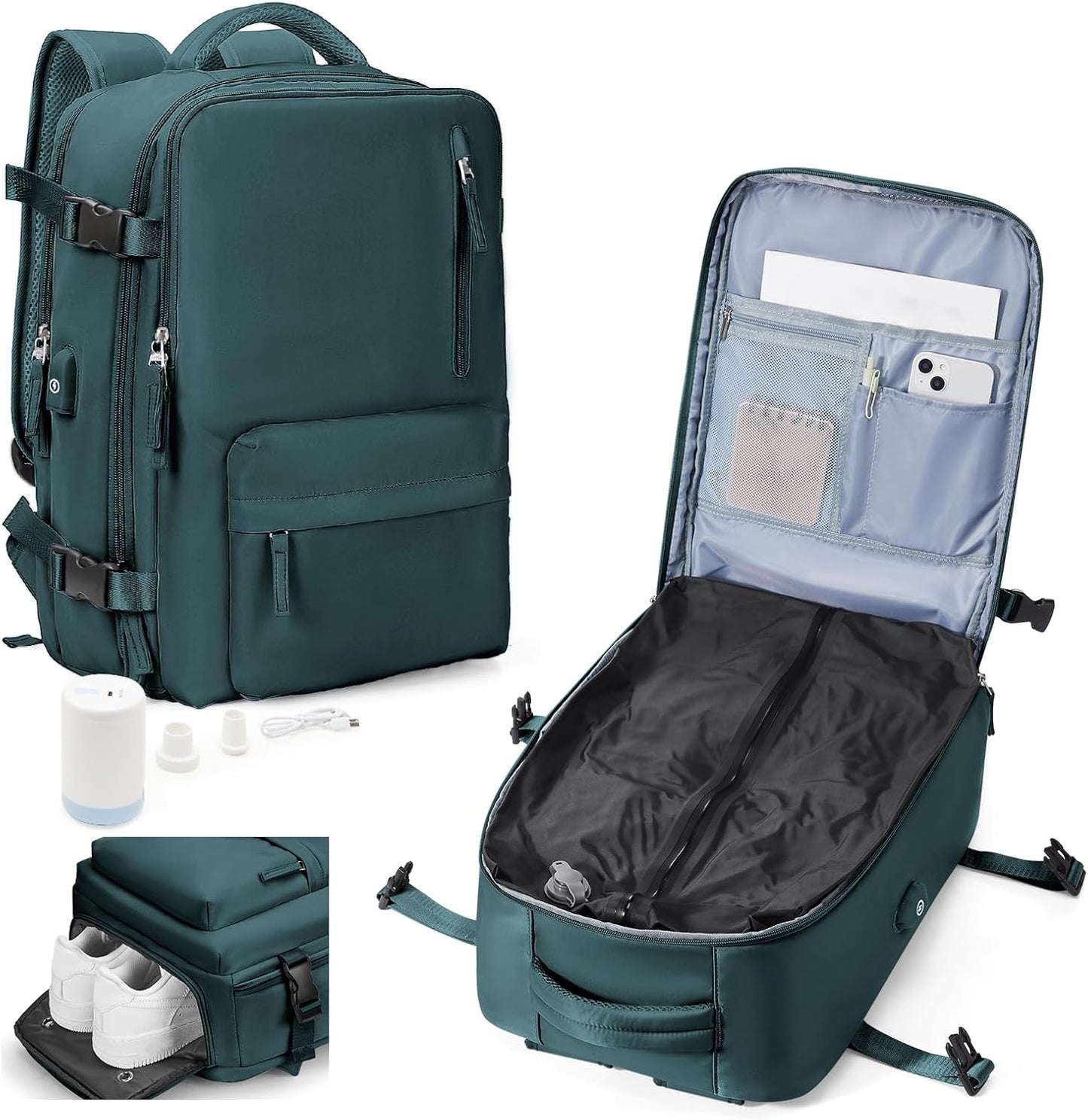 Vacuum Backpack Travel with Pump, Water Resistant Cabin Size Travel Backpack with Vacuum System, 18x14x8 Frontier Personal Item Travel Bag for Men Women Fits 16" Laptop Backpack, Peacock blue