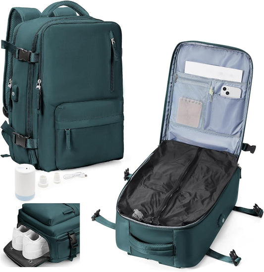 Vacuum Backpack Travel with Pump, Water Resistant Cabin Size Travel Backpack with Vacuum System, 18x14x8 Frontier Personal Item Travel Bag for Men Women Fits 16" Laptop Backpack, Peacock blue