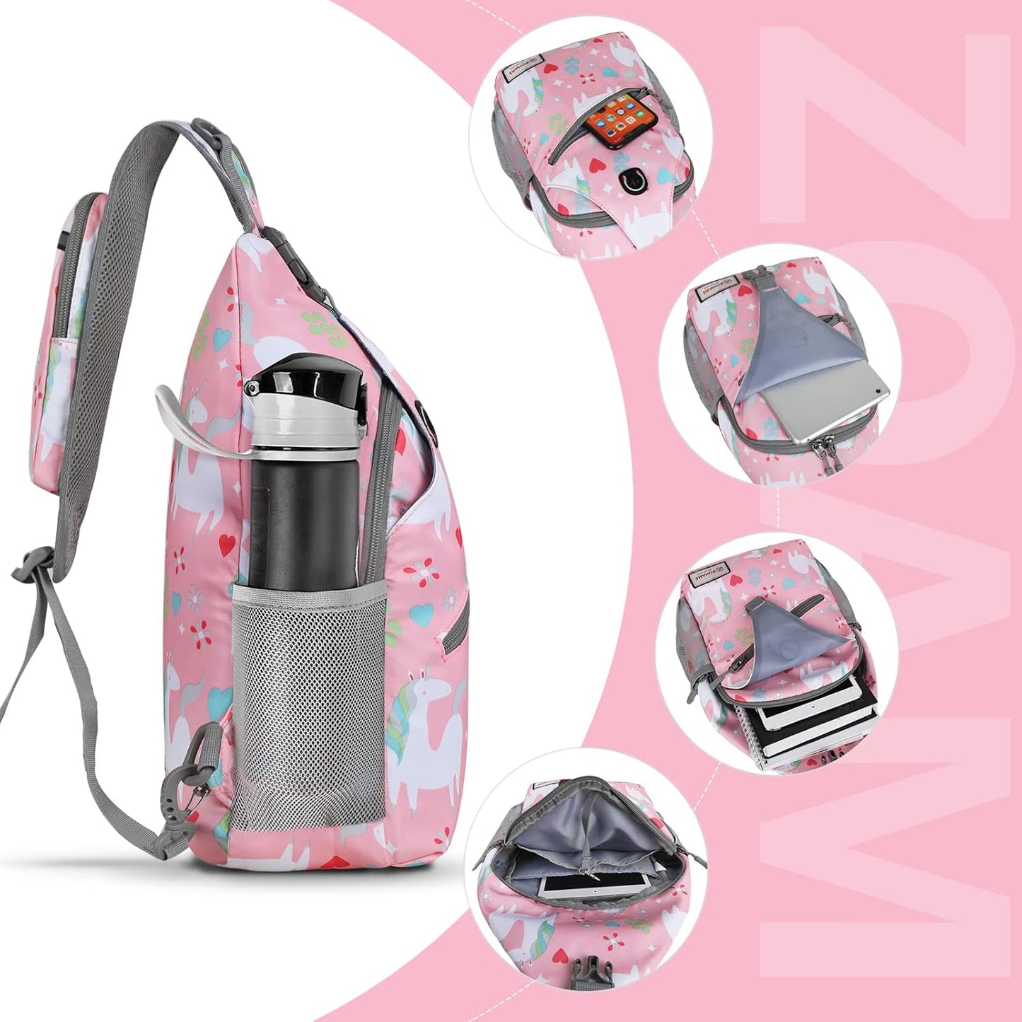 ZOMAKE Sling Bag,Small Crossbody Sling Backpack,Water Resistant Shoulder Daypack for Travel,Anti Thief Chest Bag for Hiking(Unicorn Pink)