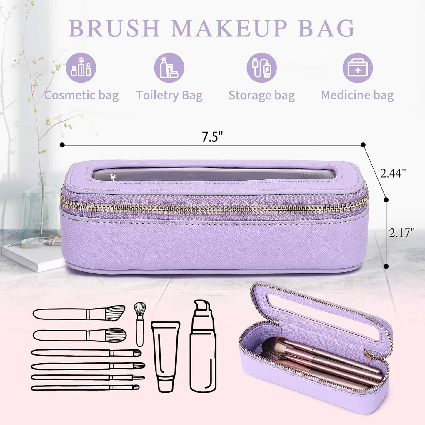 Clear Travel Makeup Bag with Brush Bag Portable Transparent Cosmetic Bag and Toiletry Bag Waterproof Clear Makeup Bag with Zipper Car Bag for Women (Purple, L+Slim)
