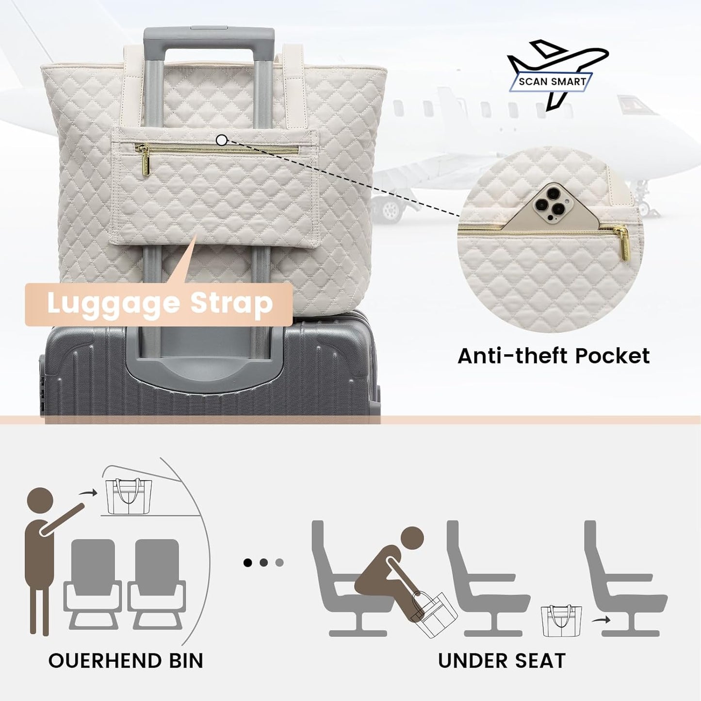 LOVEVOOK Laptop Bag for Women 17 inch,Diamond Quilted Work Tote Bags Womens Laptop Tote Bag Computer Shoulder Bags,Stylish Travel Tote Bags Laptop Purse Briefcase Handbag with Clutch Purse,Off-white
