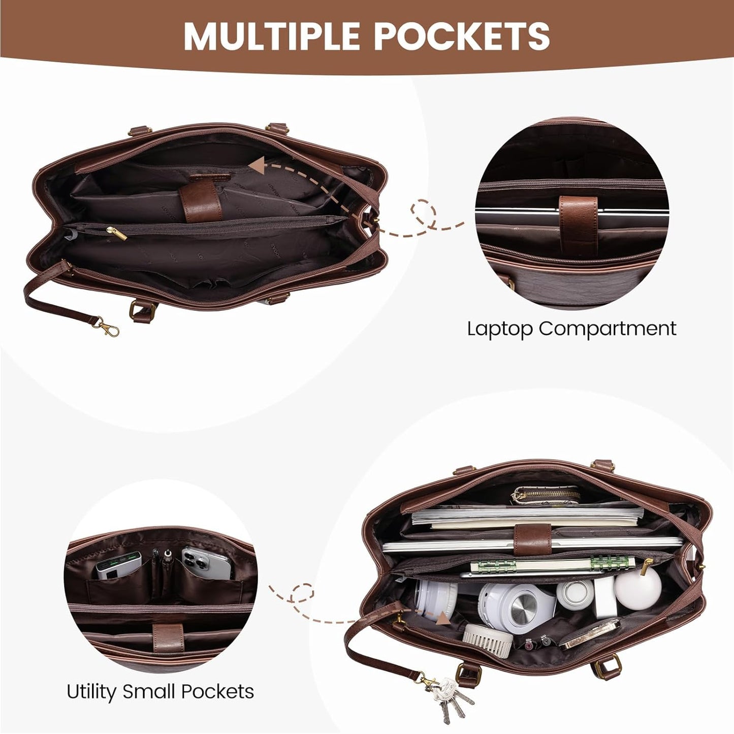 LOVEVOOK Vintage Leather Work Tote - 15.6 Inch Laptop Bag for Women, Waterproof Business Bag &