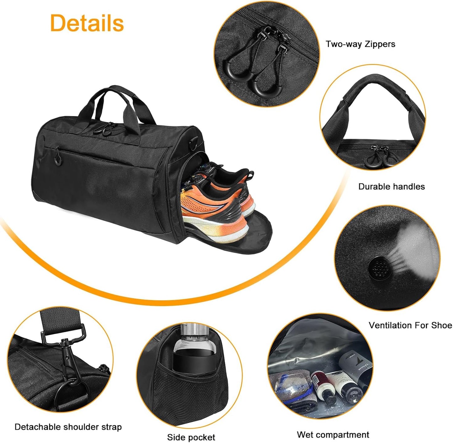 Gym Bag for Men & Women with Shoulder Strap, Shoe and Wet Compartment, Lightweight Duffle Bag, Durable Athletic Bag, Perfect for Travel, Fitness, Workout, Swimming, Yoga (Samll (19"))