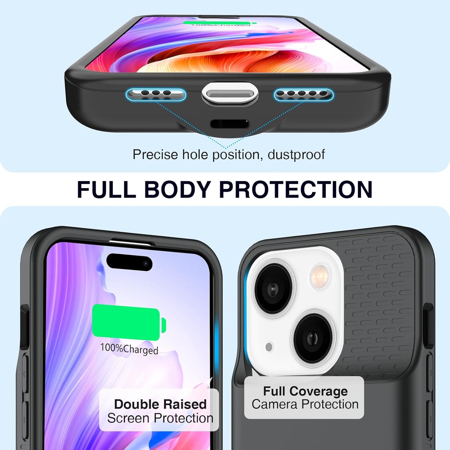Battery Case for iPhone 13/13 Pro/14/14 Pro/15/15 Pro, Ultra-Slim Wireless Fast Charging Case Extend Rechargeable Anti-Fall Soft-TPU Charger Case for iPhone 13/13 Pro/14/14 Pro/15/15 Pro 6.1"