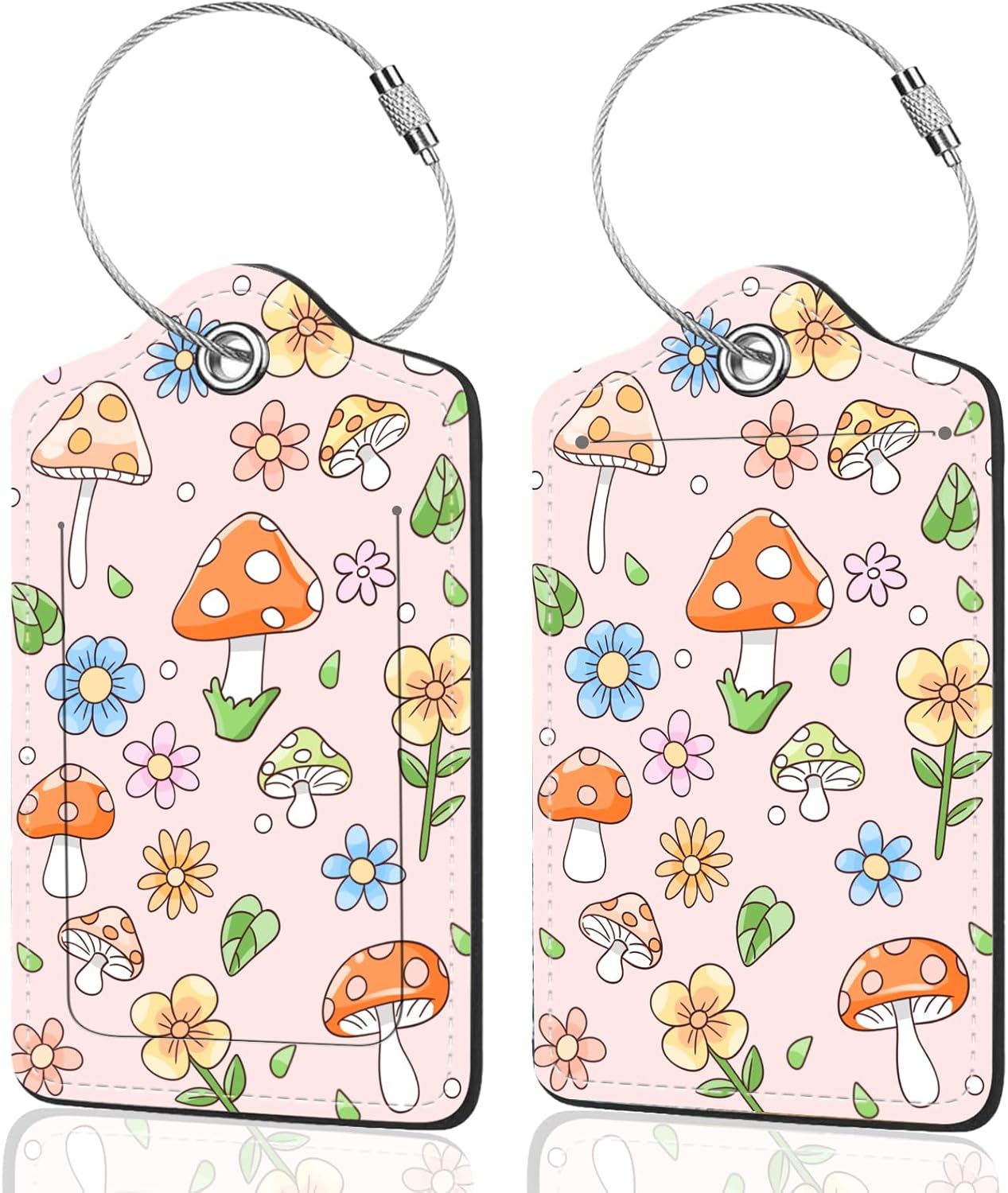 2Pack Luggage Tags for Suitcases, Cute Unique Pu Leather Cruise Luggage Tag with Privacy Cover ID Label Address Card and Metal Ring Suitable for Women Men Kids Travel Bag Mushrooms and Plants