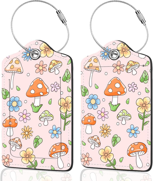 2Pack Luggage Tags for Suitcases, Cute Unique Pu Leather Cruise Luggage Tag with Privacy Cover ID Label Address Card and Metal Ring Suitable for Women Men Kids Travel Bag Mushrooms and Plants