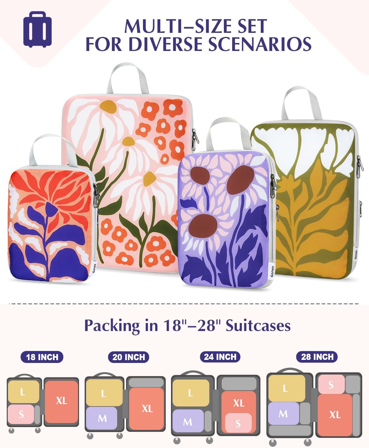 Gonex Compression Packing Cubes, 4pcs Expandable Storage Travel Luggage Bags Organizers, Travel Cubes for Suitcase Carry On (Flowers)