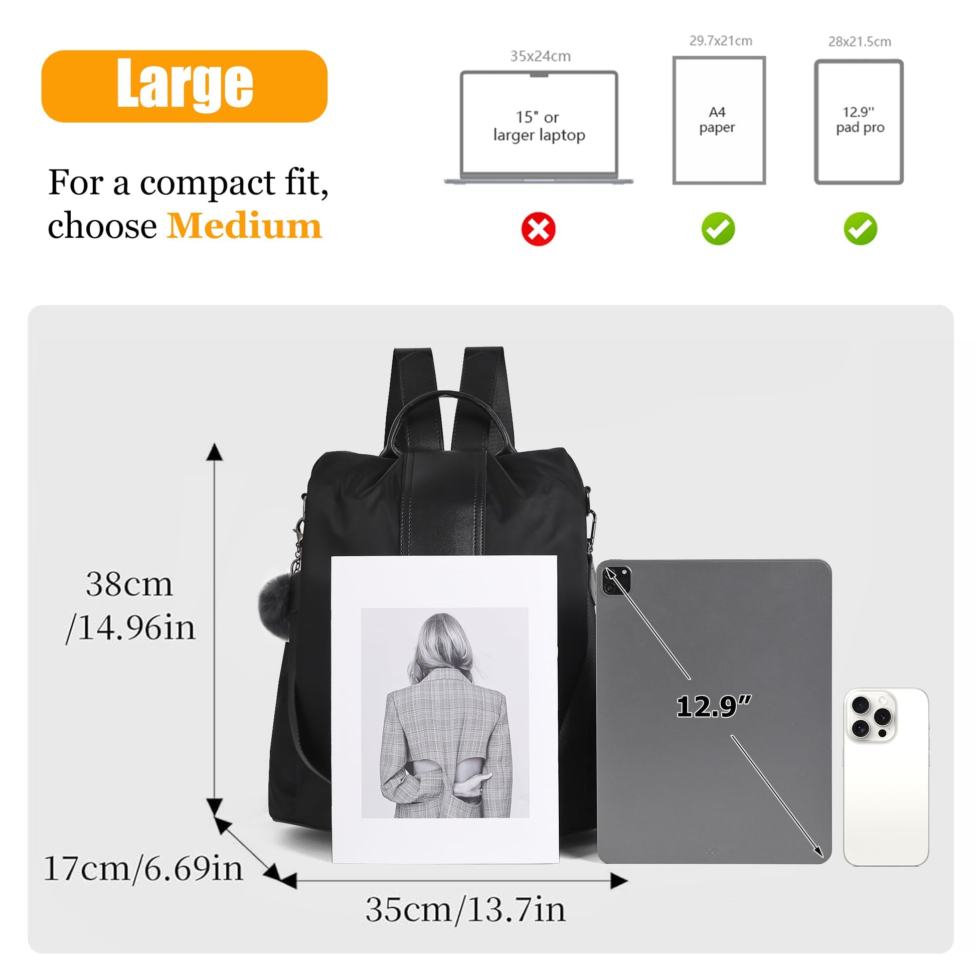 PINCNEL Women Backpack Purse Waterproof Nylon Anti-theft Rucksack Lightweight Shoulder Bag