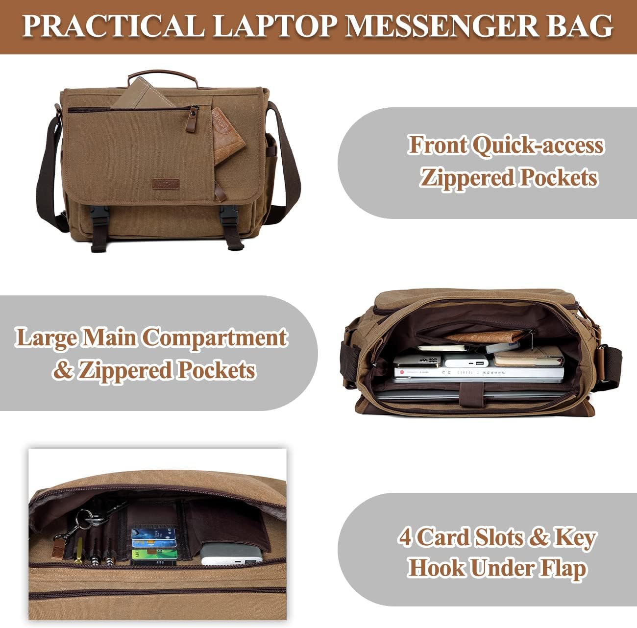 VASCHY Messenger Bag for Men,Canvas Briefcases 15.6in Laptop Bag Crossbody Satchel Computer Bags for Work Office Women
