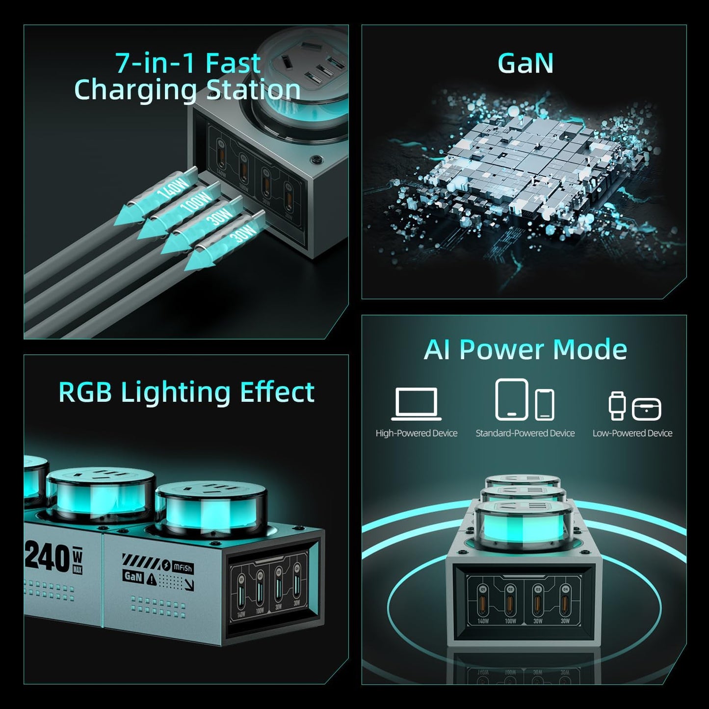 Mfish 7-in-1 Fast Charging Station, 240W GaN Desktop Charging Station with RGB Ambient Lighting USB-C Charger Block, 4 USB-C and 3 Outlets for Multiple Devices, Stable Power for Esports Equipment