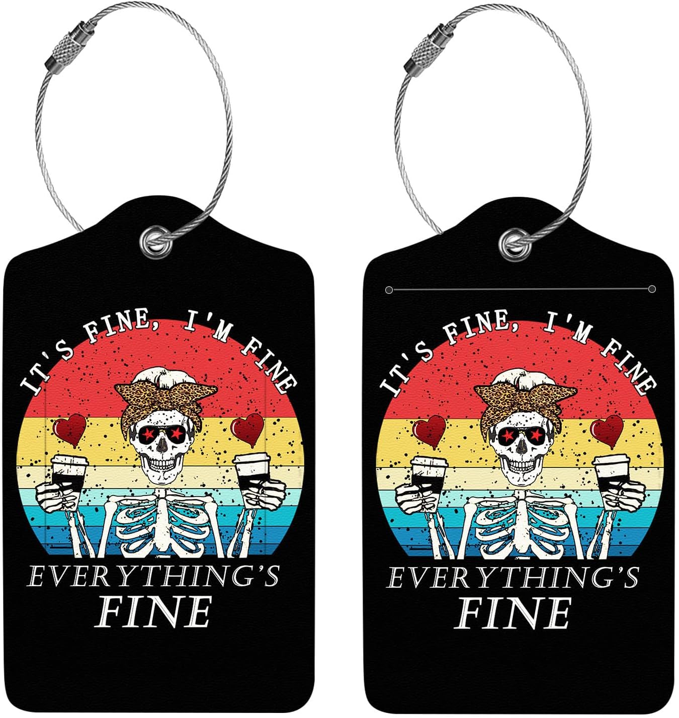 2 Pcs Luggage Tags for Suitcase, Cute Unique PU Leather Travel Bag Tag with Privacy Cover ID Label Address Card and Durable Metal Ring Suitable for Men Women Children Backpack,Human Skull