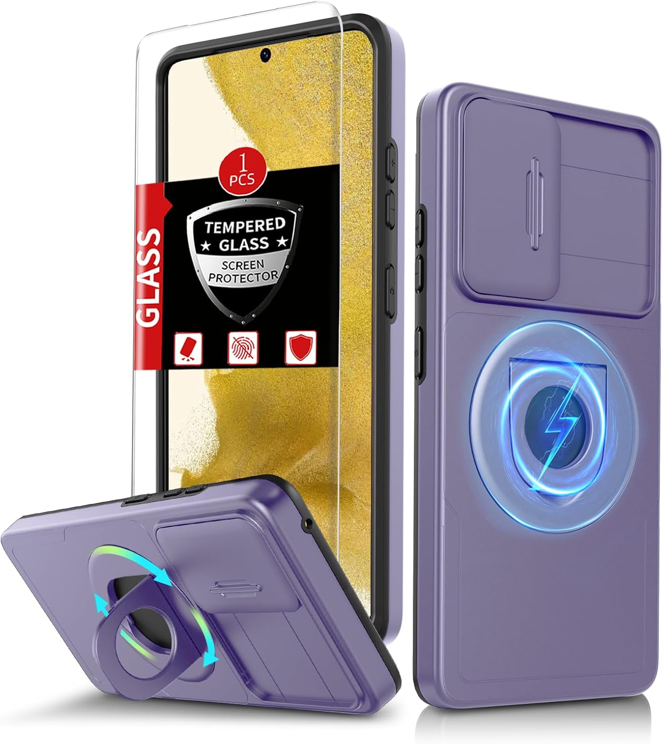 for Samsung Galaxy S22 Case Magnetic Compatible with MagSafe Wireless Charging,with Screen Protector,Built-in Kickstand Ring+Camera Cover Anti-Scratch Shockproof Heavy Duty Protection Purple