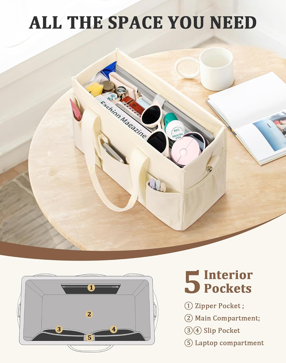 Canvas Tote Bag for Women, Large Shoulder Bag with Laptop Compartment & Zipper, Ideal for Work Travel College Teacher