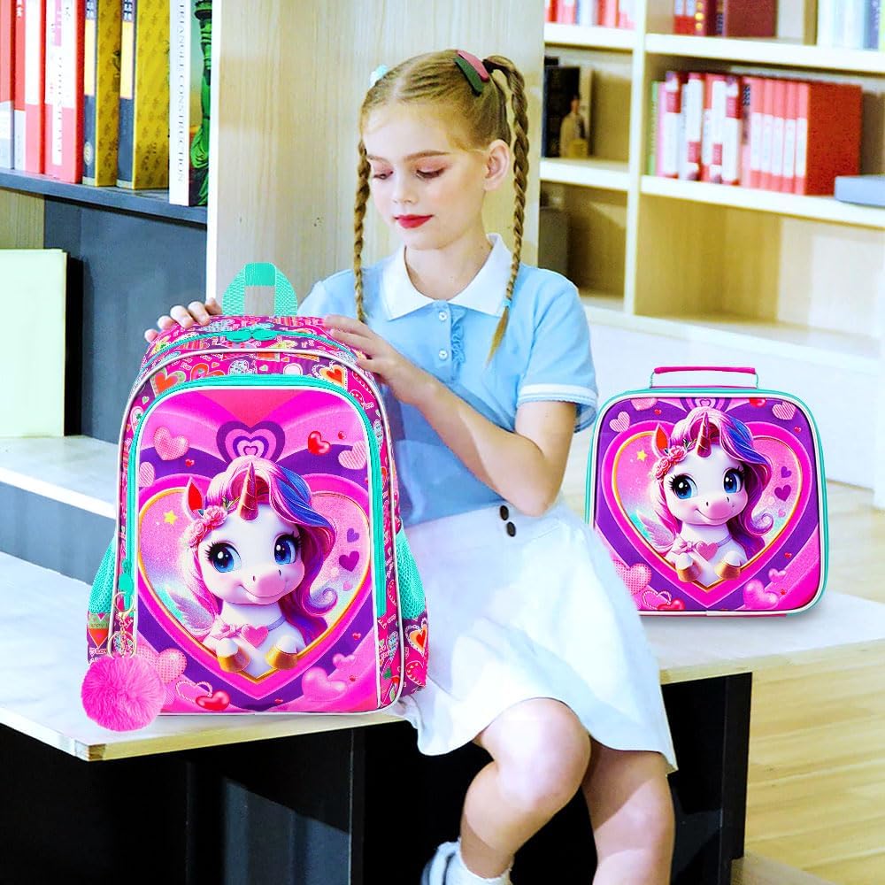 3PCS Girls Backpack, Kids Water Resistant Heart Bookbag Set with Lunch Box, Cute Kids School Bag for Preschool Toddler