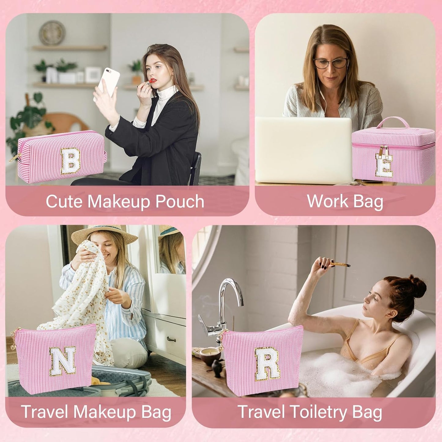 Personalized Monogram Makeup Bag, 3PCS Custom Monogrammed Toiletry Cosmetic Bag for 6-18 Teen Girls Women,Birthday Graduation Gifts Initial Pouch Makeup Bags for Women Girls, Make Up Bag (M, Pink)