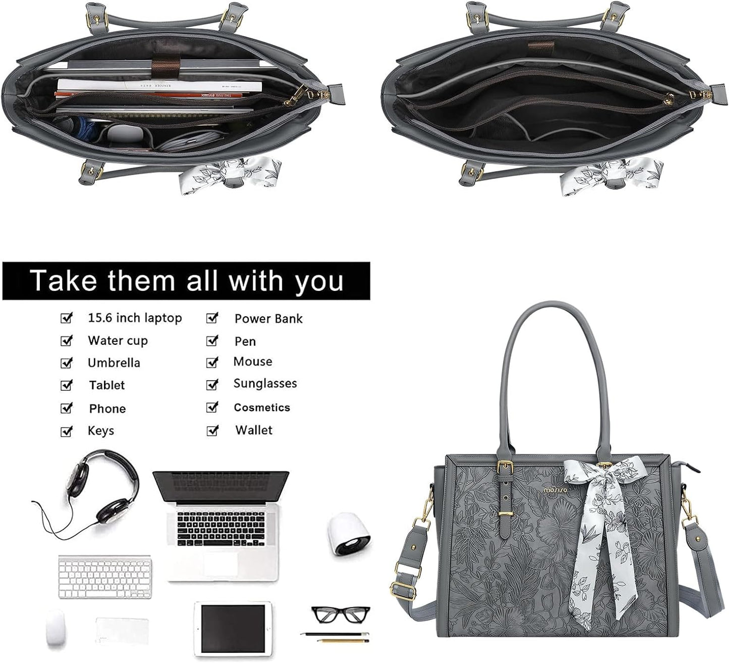 MOSISO Laptop Bag for Women, PU Leather Tote Bag, Front Embossed Retro Hibiscus Computer Bags with Silk Scarf&Clutch Purse