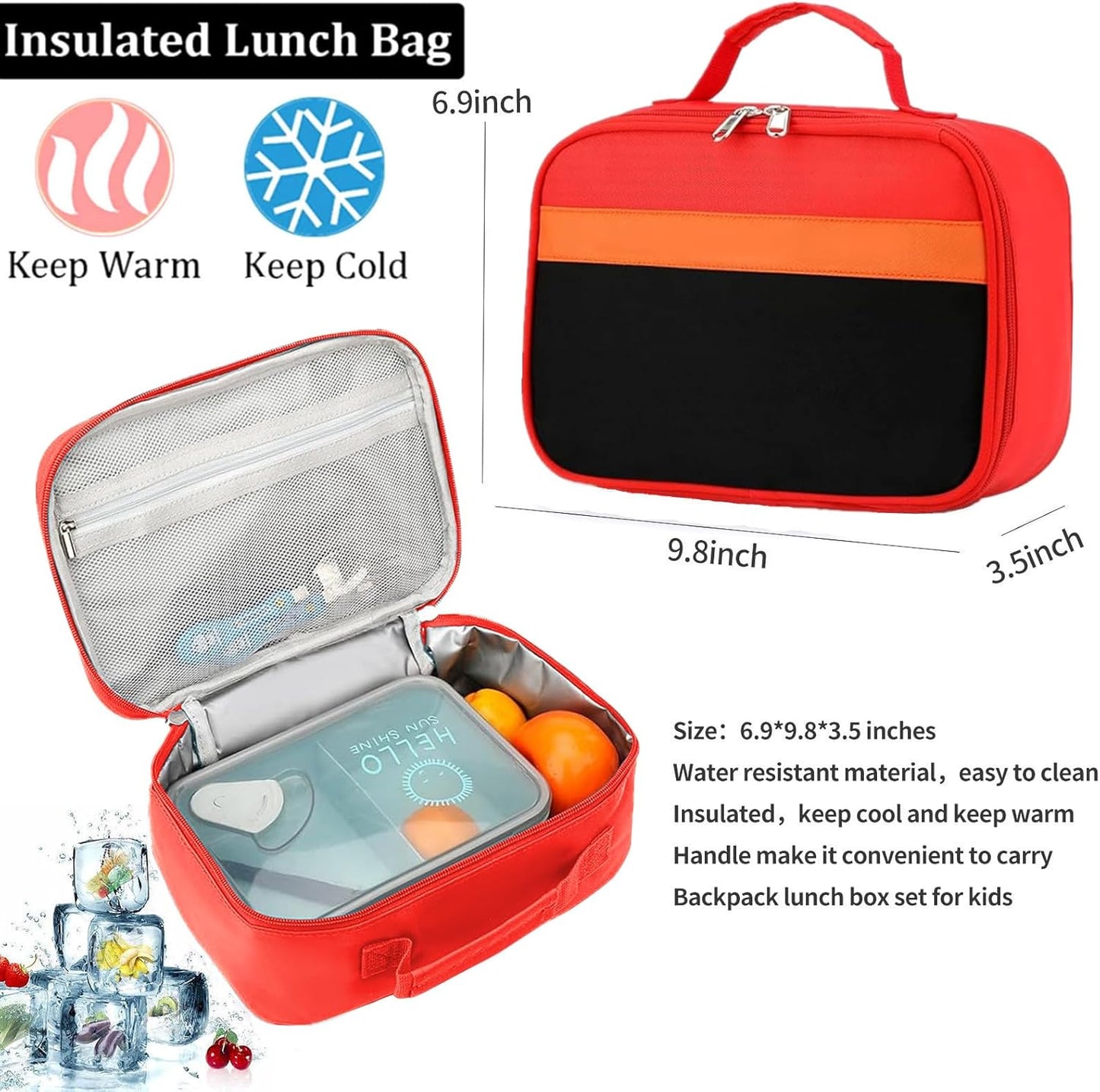 Kids Backpack Lunch Box Set Elementary School Backpacks 5-9 Years for Boys and Girls with Chest Buckle (Set Red Black, Large-17 H)