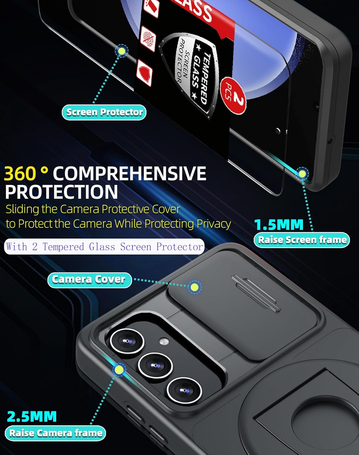 for Samsung Galaxy S23 FE Case Magnetic Compatible with MagSafe Wireless Charging,with 2 Screen Protectors,Built-in Stand Ring+Camera Cover Anti-Scratch Shockproof Heavy Duty Protection Black