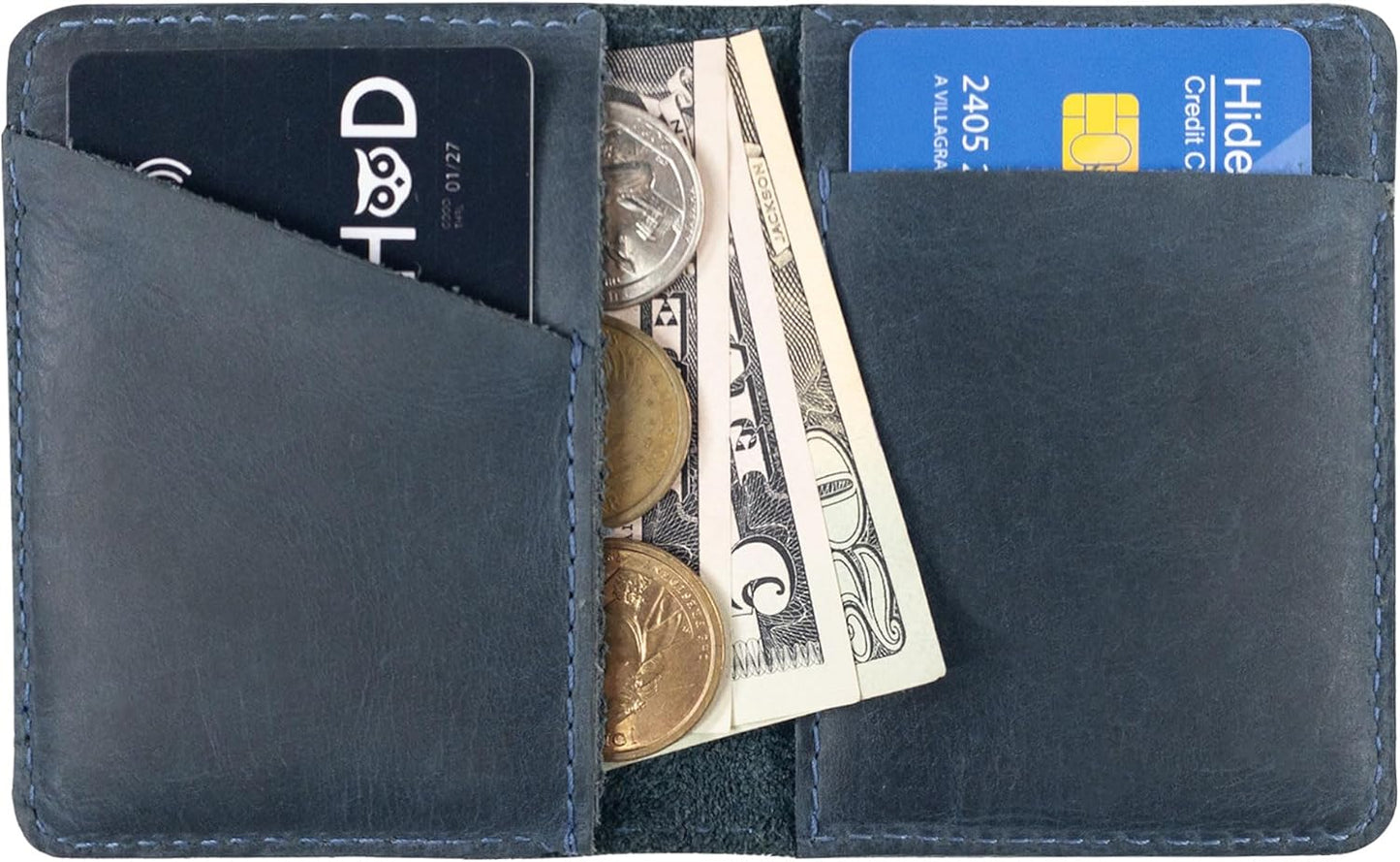 Hide & Drink, Bifold Wallet, Slim Card Holder, Minimalist Traveler Wallet, Vintage Front Pocket Wallet, Full Grain Leather, Handmade, Slate Blue