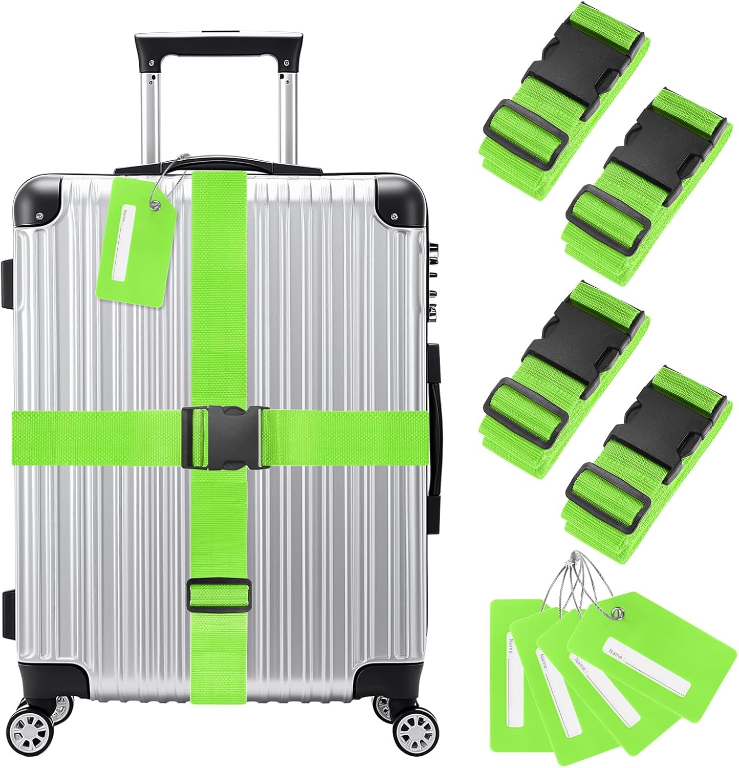 4-Sets Luggage Straps TSA Approved, Travel Straps for Luggage Suitcase Tags Set, Adjustable Suitcase Belt [Bright Green]