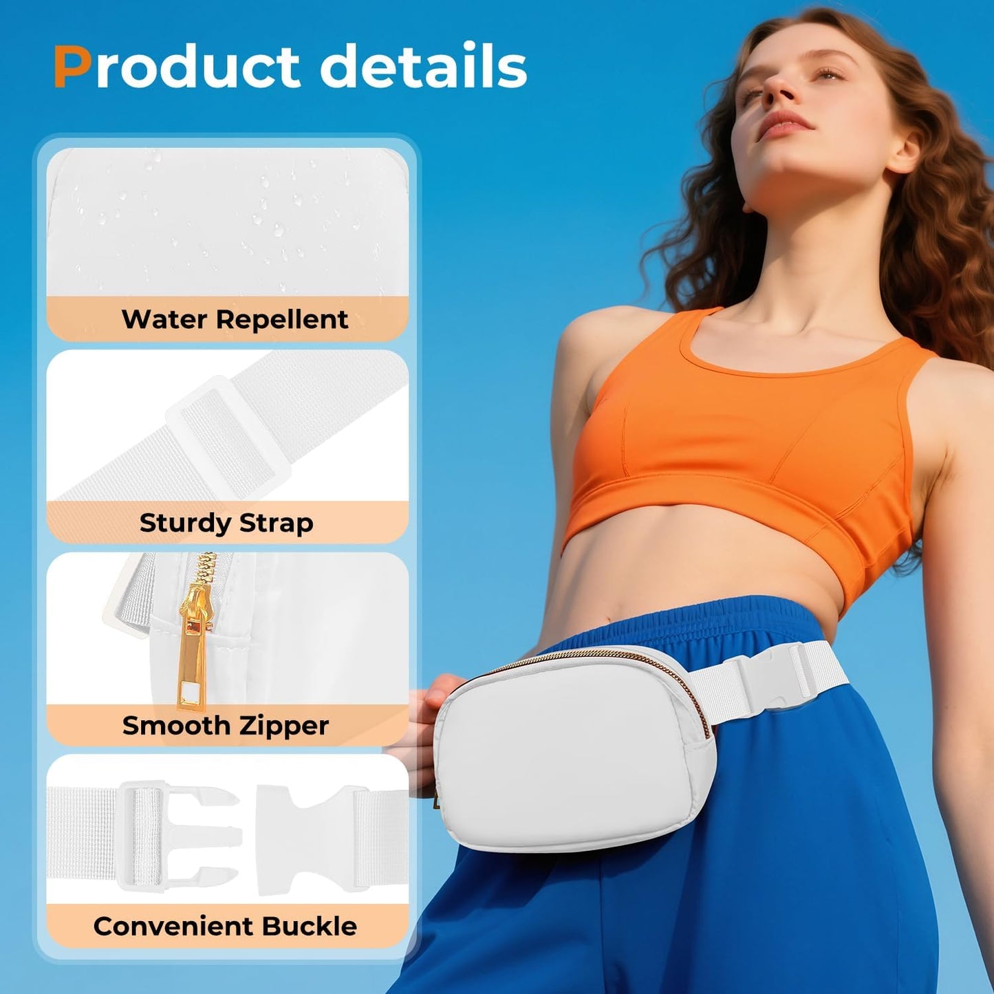 Belt Bag Zipper Fanny Pack Crossbody Bags for Women,Fashion Nylon Waist Packs, Water Repellent Two Way wear with Adjustable Strap Gifts for Teenage Girls Women Men(white)