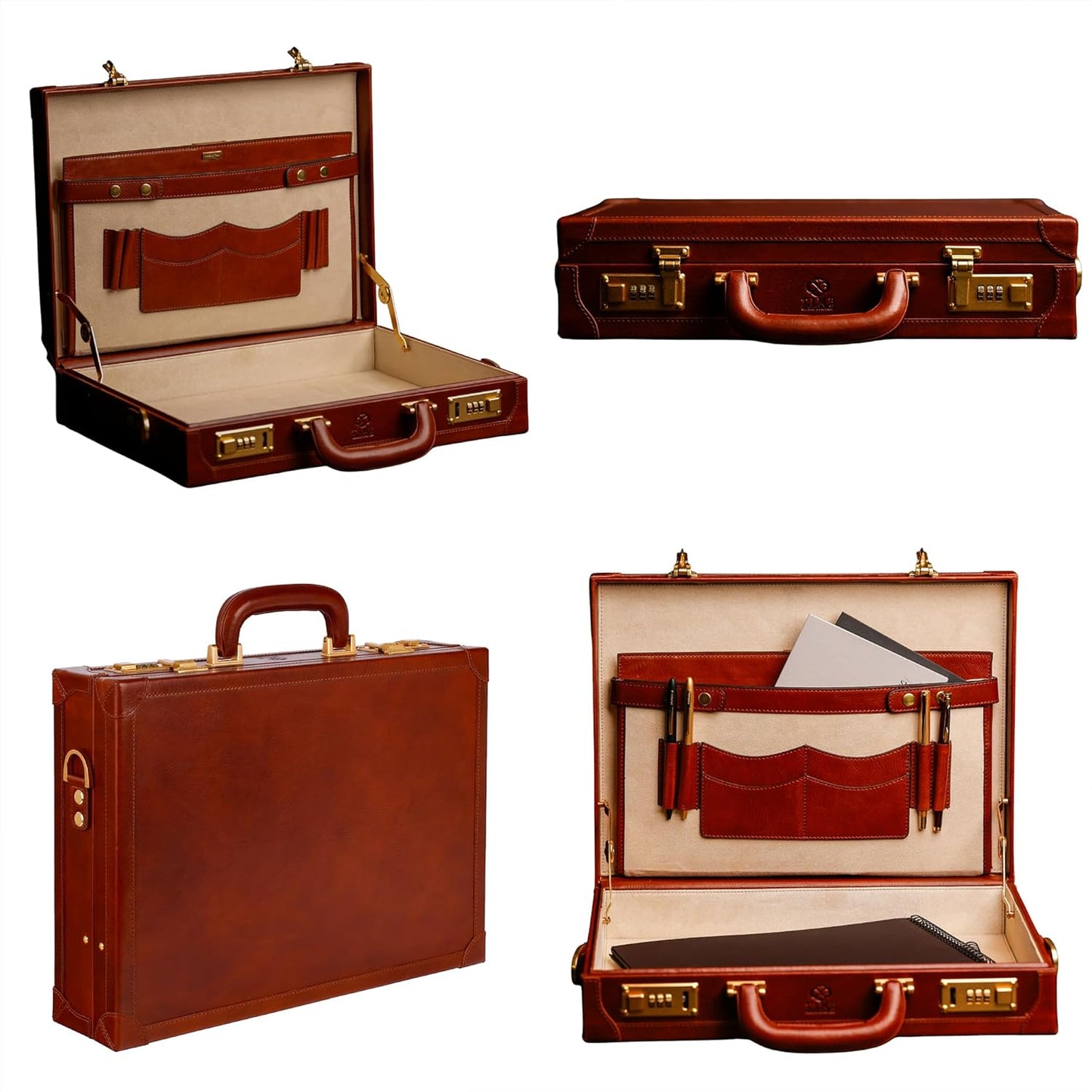 Time Resistance Leather Attache Case - Full Grain Italian Leather Briefcase - Laptop Bag up to 15”