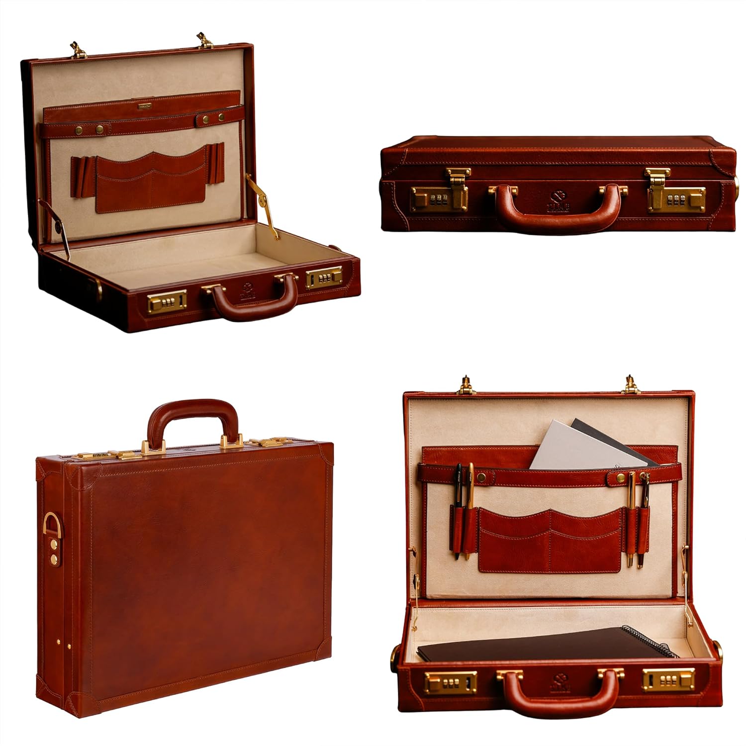 Time Resistance Leather Attache Case - Full Grain Italian Leather Briefcase - Laptop Bag up to 15”