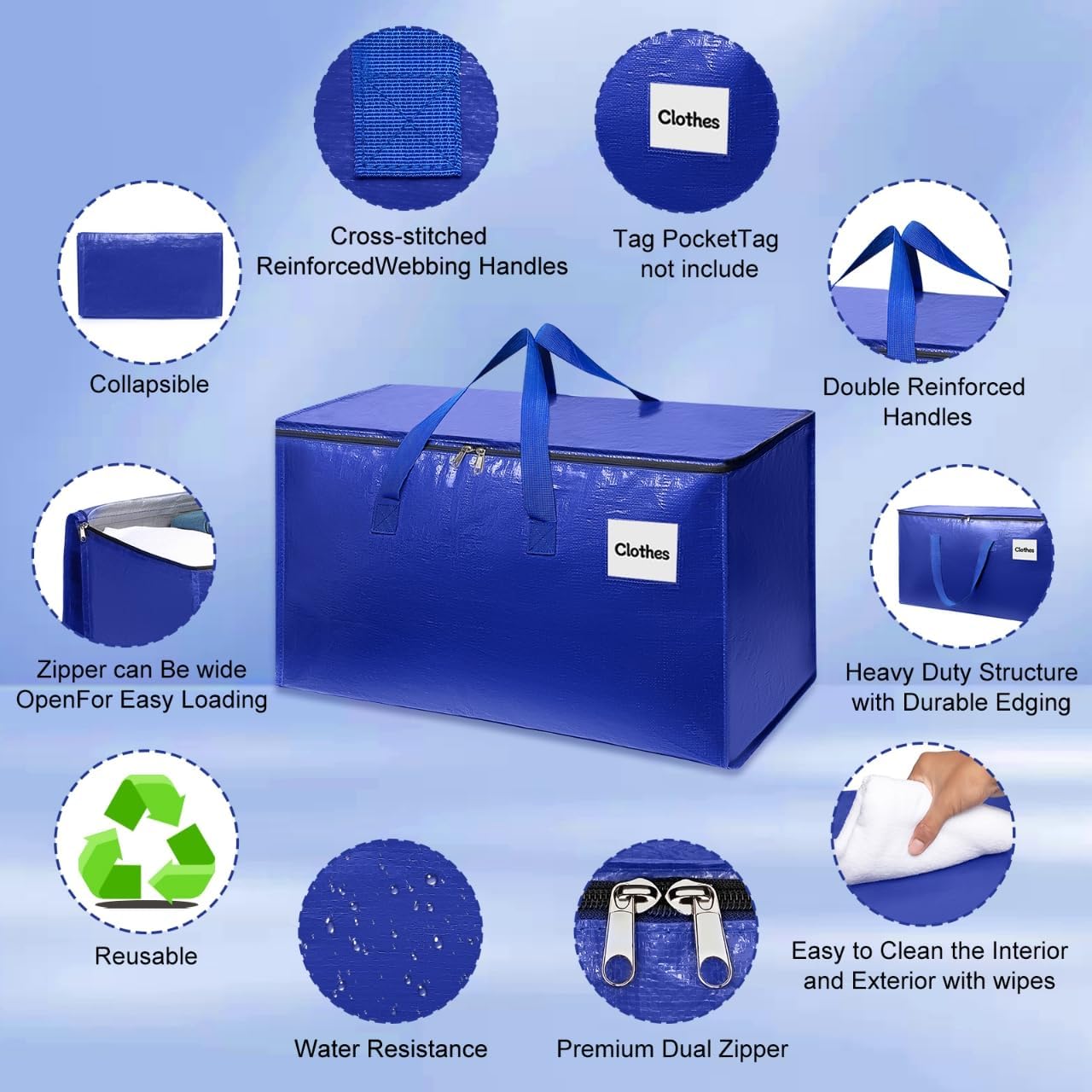 Moving Bags Heavy Duty - Large Storage and Packing Totes with Zippers for Clothes, Bedding, and Organization - Travel Supplies, Blue, 6-Pack