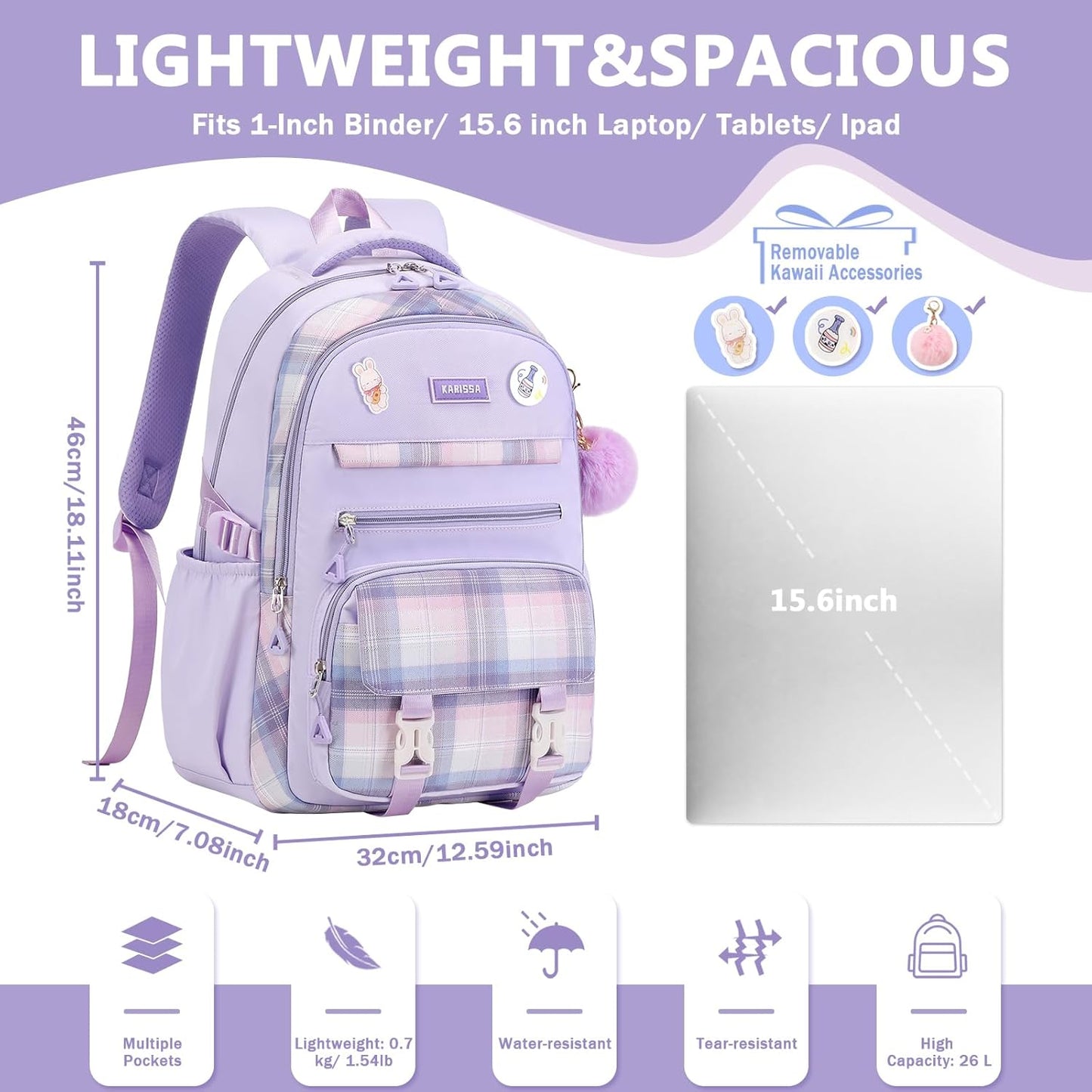 Girls Backpack for School, Kawaii Bookbag for Teen Multiple Pockets Kids Backpack for Primary