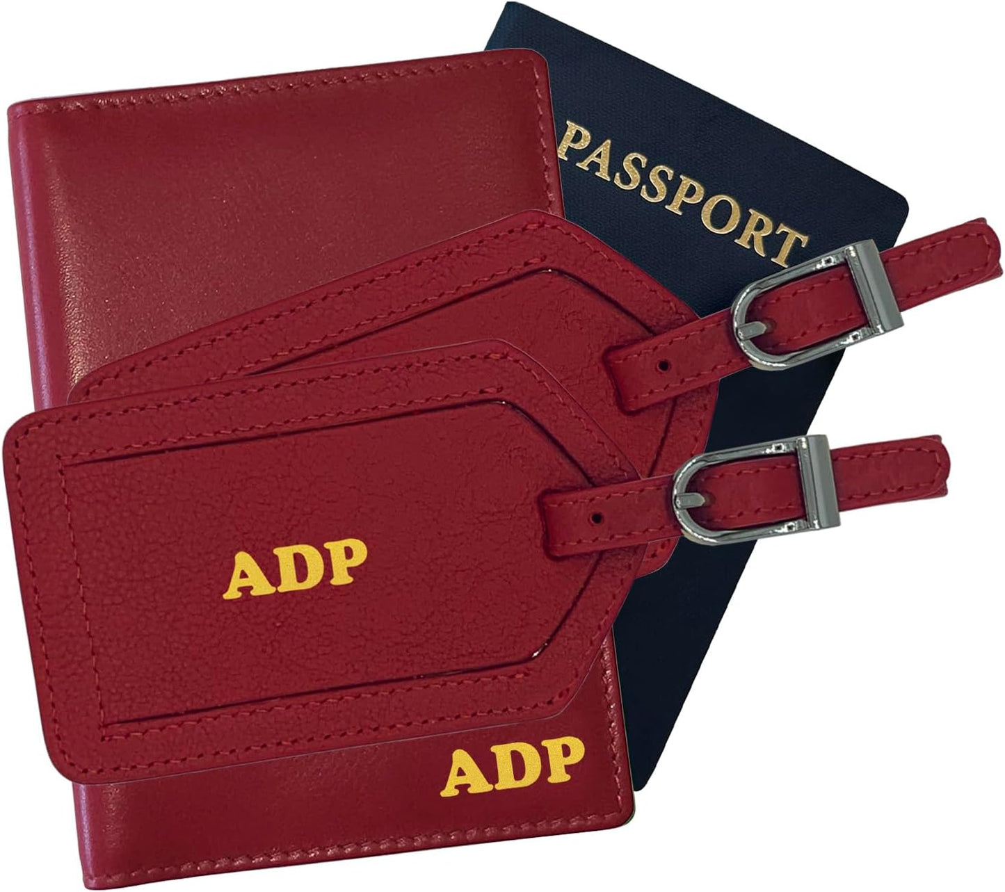 Personalized Monogrammed Red Leather RFID Passport Wallet and 2 Luggage Tags