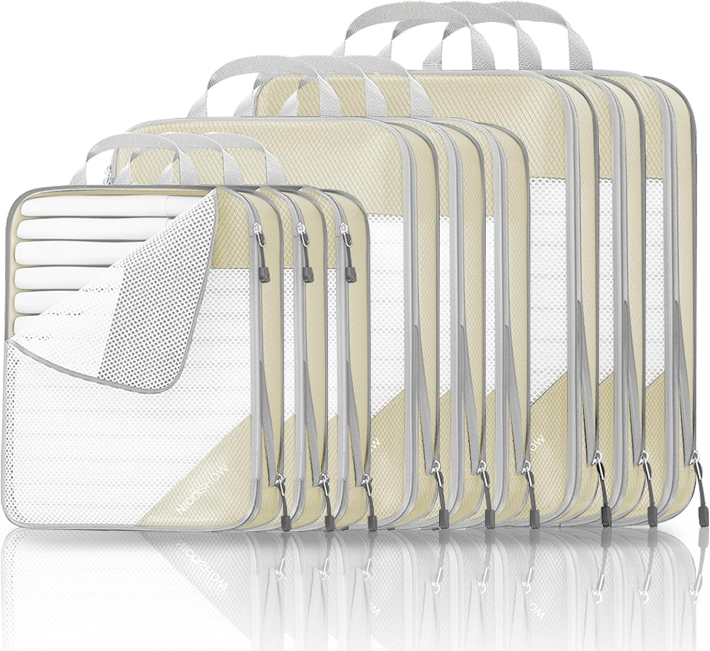 9 Set Compression Packing Cubes for Travel - Compressible, Lightweight, and Space-Saving Packing Cubes, Travel Essentials for Women, Beige