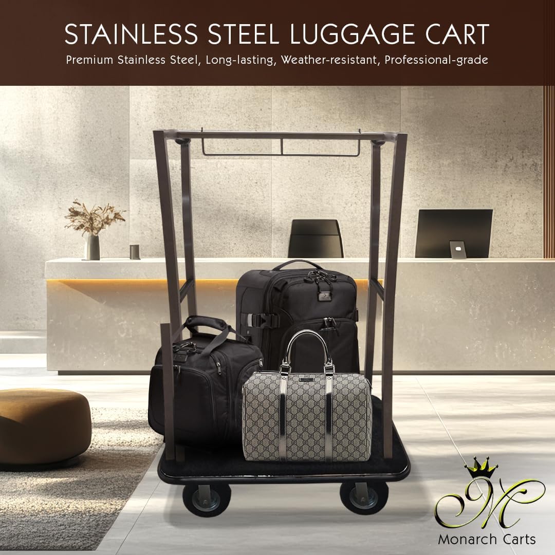 MonarchCarts Hotel Luggage Cart, Premium Quality Stainless Steel, Full Wrap-Around Bumper, 1.25in Tubing, 8in Inflatable Wheels, 1500lbs Capacity - Hotel Bellman’s Cart Ideal for Valet Luggage