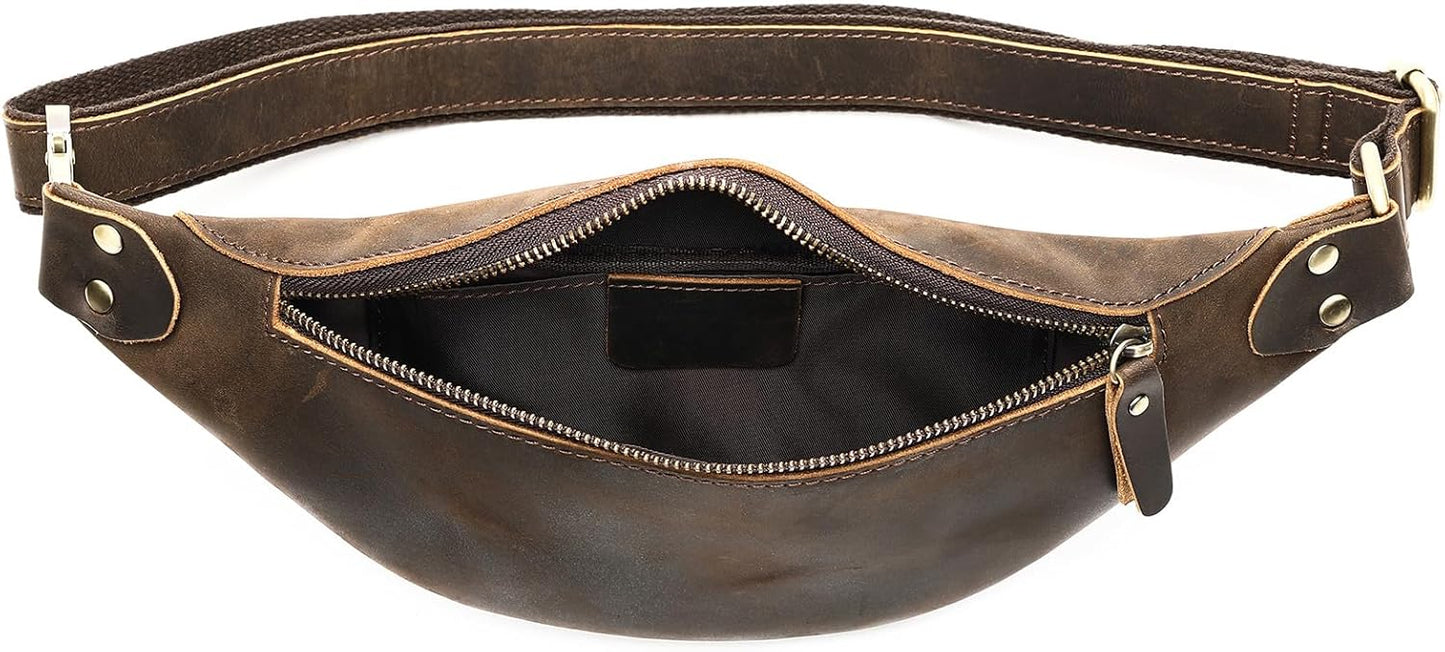 Vintage Genuine Leather Fanny Pack Small Waist Bag Travel Sling Pouch with Adjustable Leather Belt Coffee